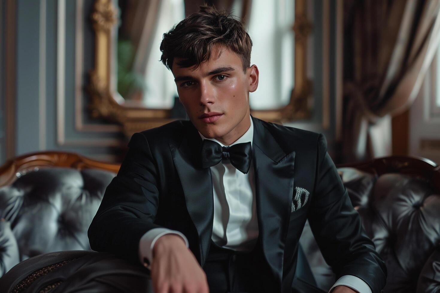 High end Suit Male Fashion Model in platinum Stylish portrait with elegant Lifestyle Background photo