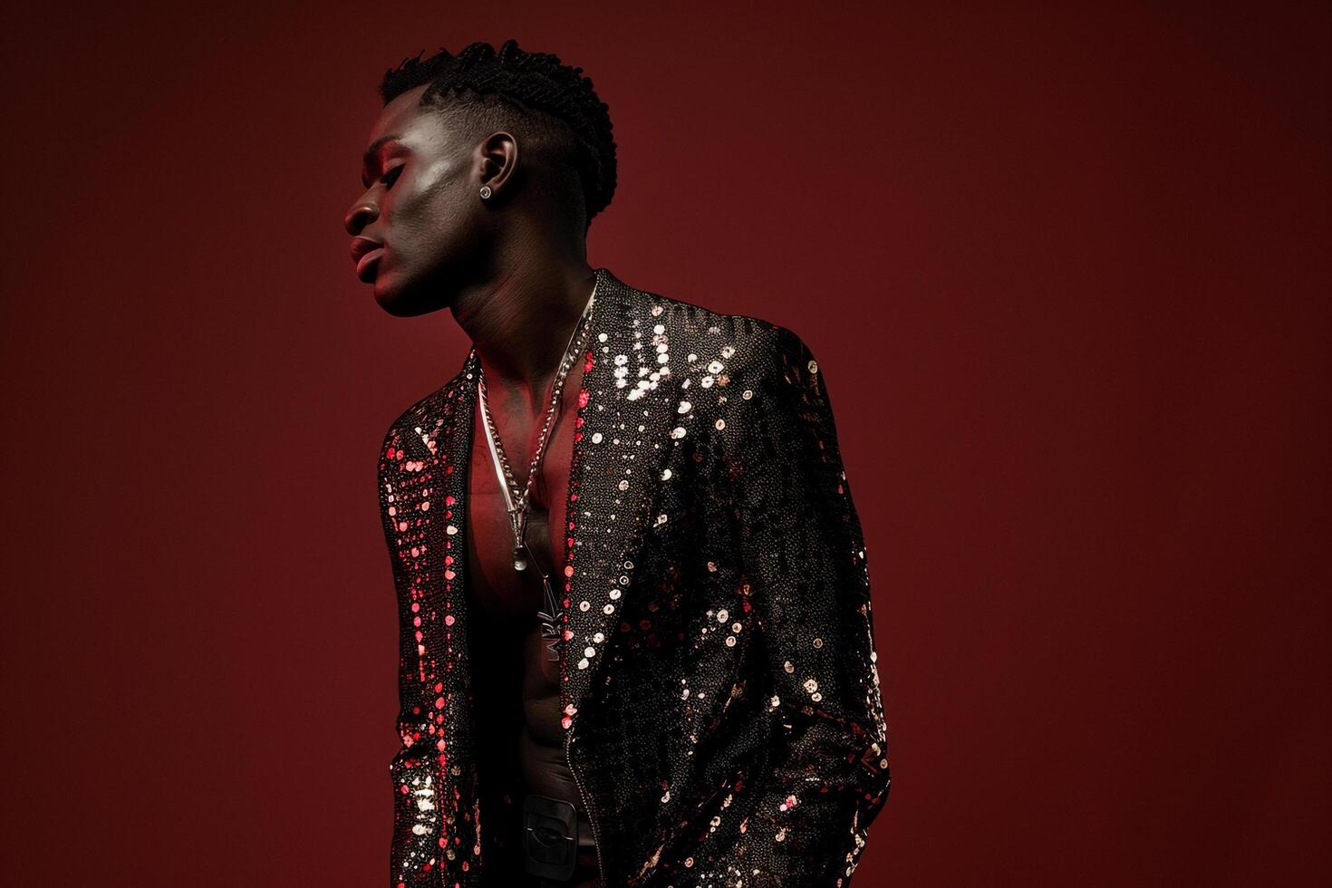 Rich Burgundy Sequined Jacket Male Fashion Model Stylish portrait with elegant High Fashion Background photo