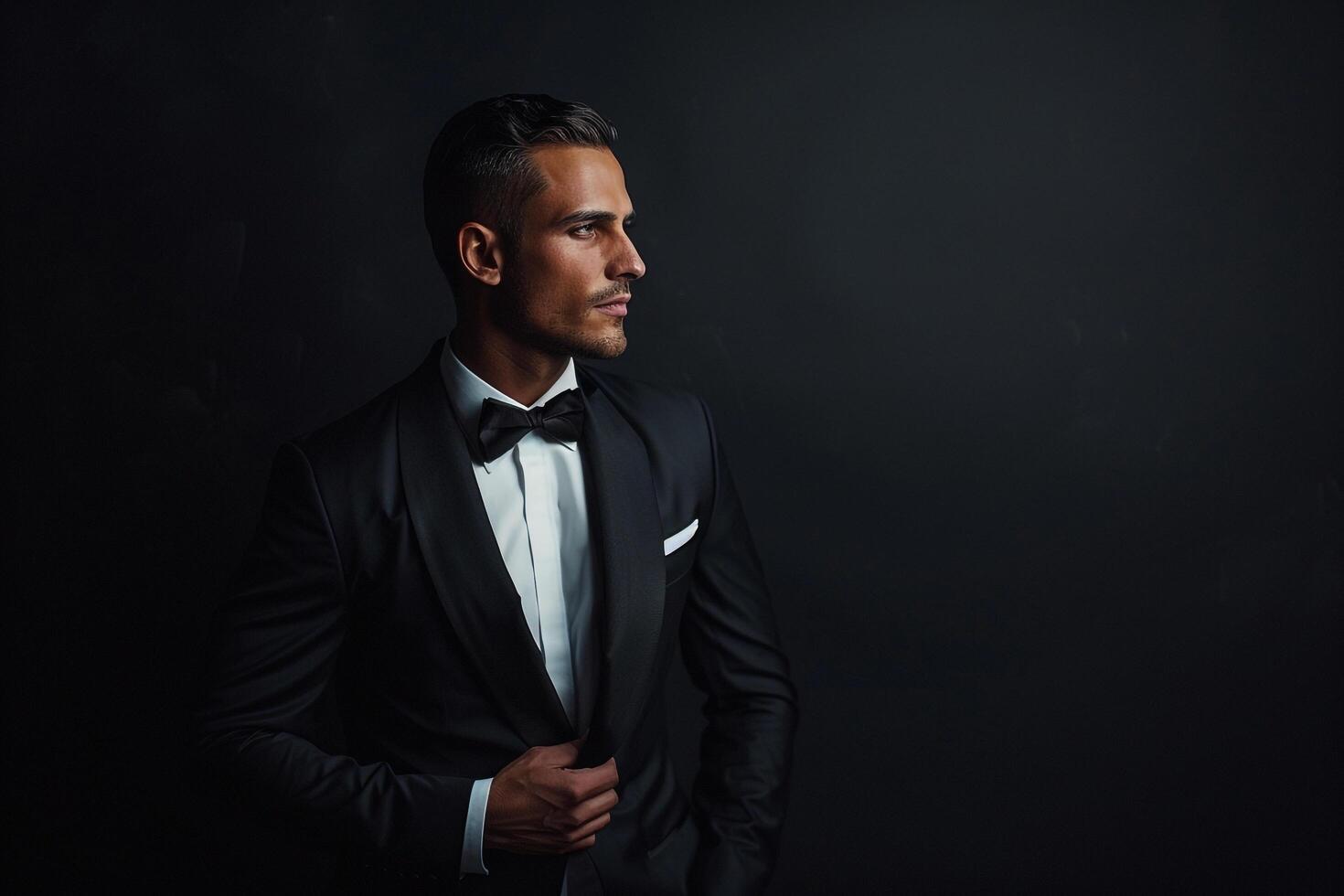 Stylish Male Model in evening Suit with Midnight Black portrait Highlighting Formal Fashion and elegant Lifestyle photo