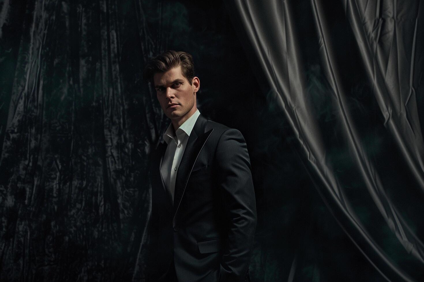 Handsome Male Model in evening Suit with Midnight Black portrait of Formal Fashion and Contemporary Lifestyle photo