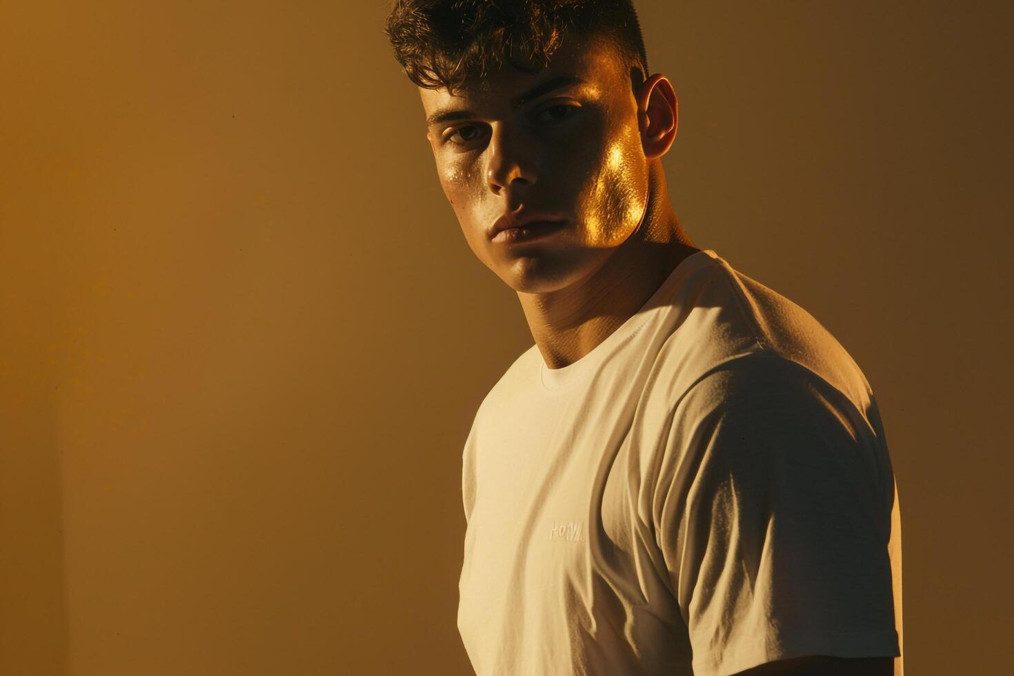 Chic Fashion Model in T Shirt with Deep Gold Stylish Males portrait Featuring Modern Fashion and Lifestyle photo