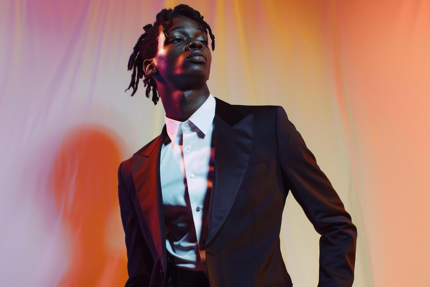 Classy Fashion Model in Tuxedo with Brilliant White portrait of Modern Males Fashion and elegant Lifestyle photo