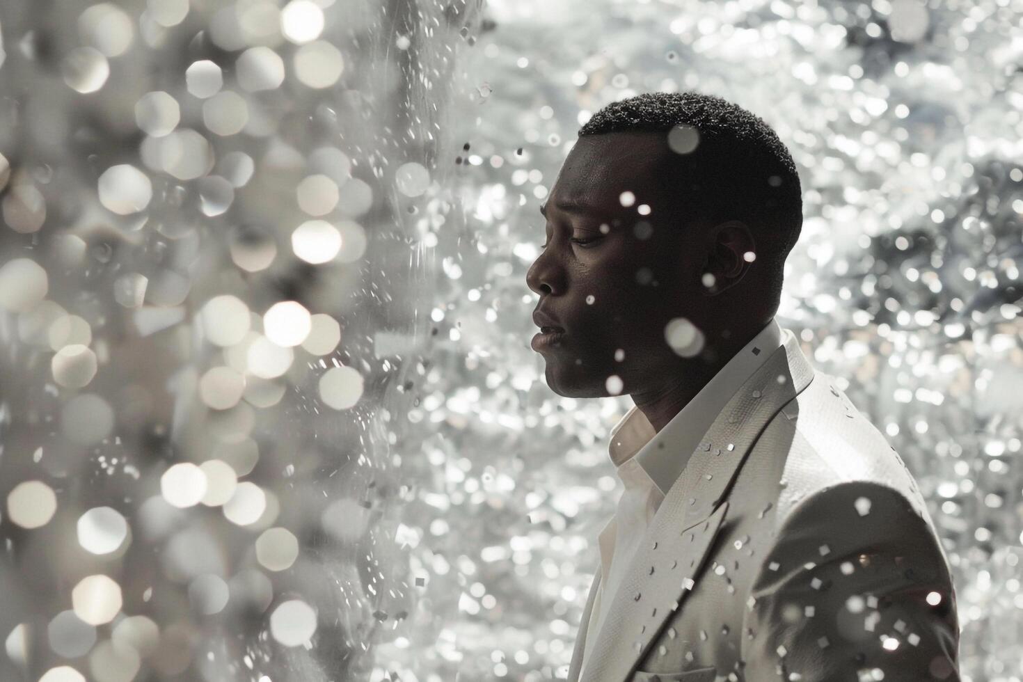 Fashion Forward Male Model in a Shimmering Suit Adorned with Silver Sequins Featuring a Luxe Maleswear Lifestyle and Modern Appeal photo