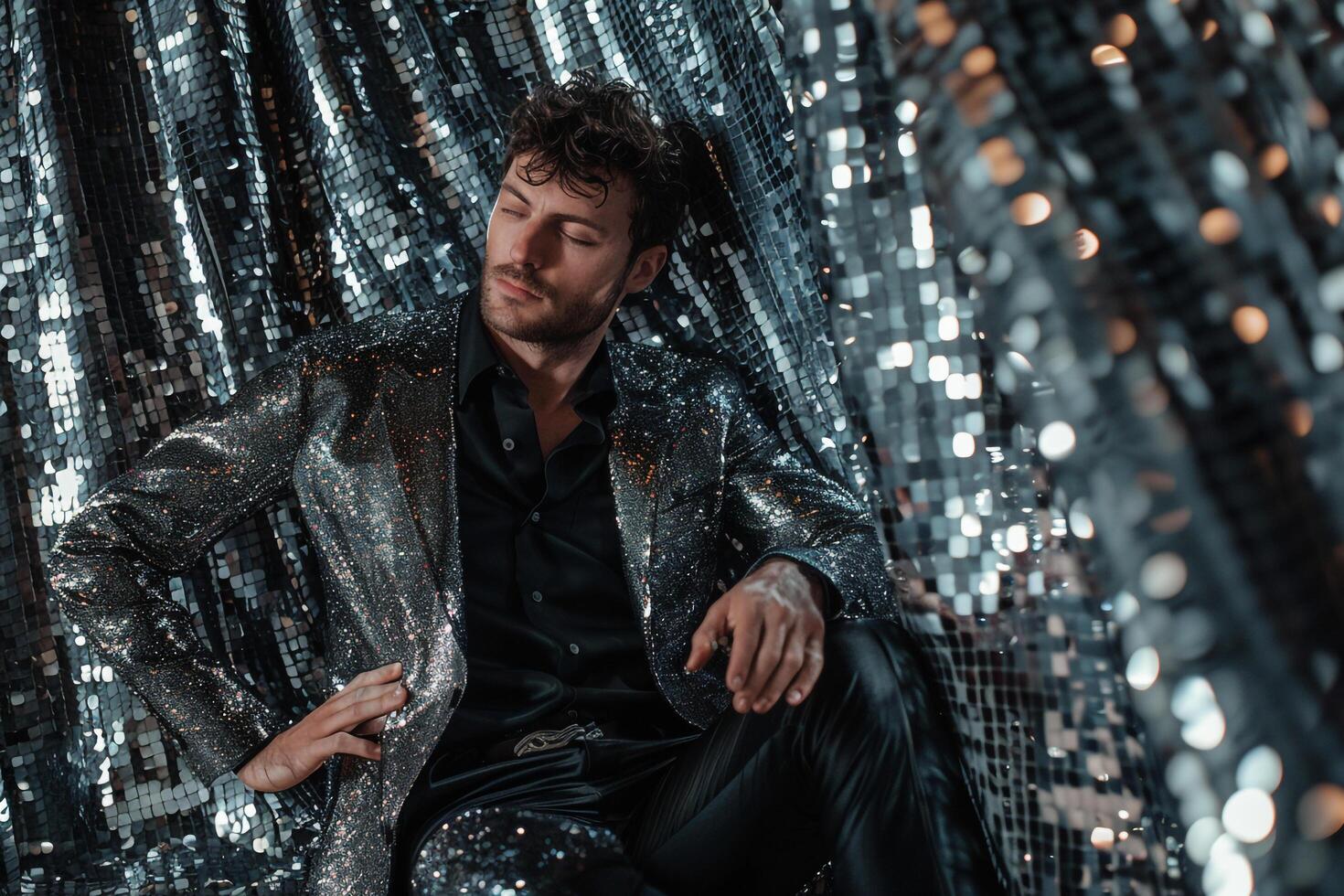 Modern Male Fashion Model in a Shimmering Suit with Silver Sequins Ideal for Lifestyle portraits with a Luxurious Maleswear Aesthetic photo