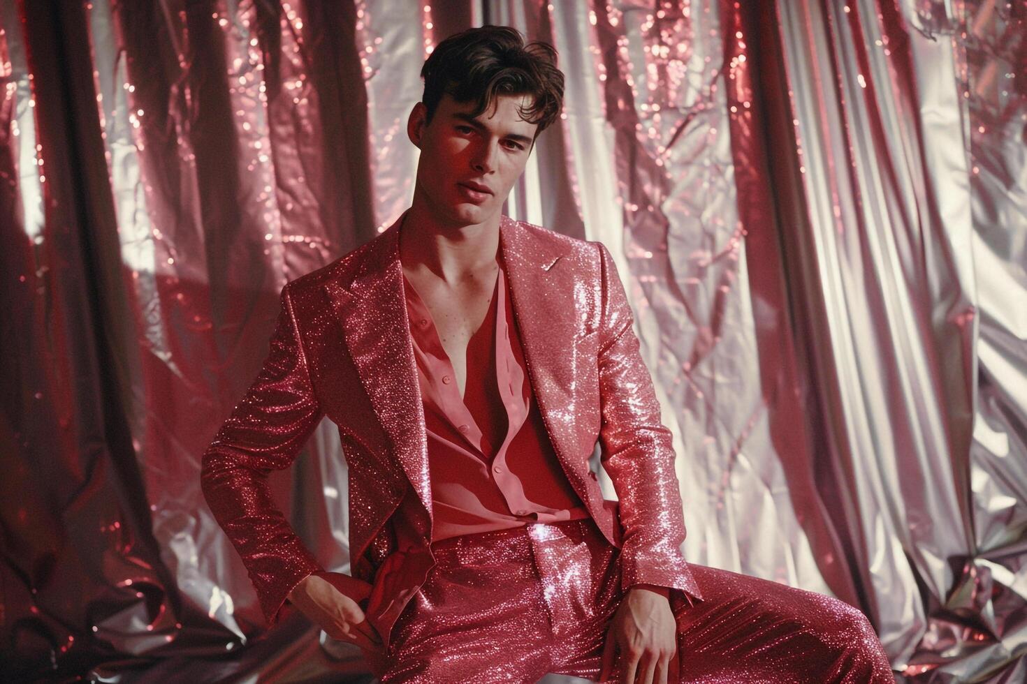 Modern Male Model in a Shimmering Suit with Silver Sequins Ideal for Stylish Lifestyle portraits and Sophisticated Maleswear Fashion photo
