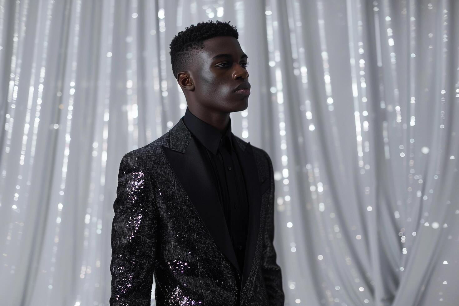 Fashionable Male Model in a Dapper Suit with Silver Sequin Details Ideal for High Class Lifestyle portraits and Modern Maleswear Style photo