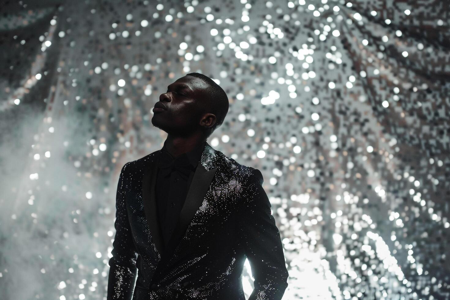 elegant Male Fashion Model in a Dapper Suit with Silver Sequins perfect for Luxe Maleswear Lifestyle portraits with a Sophisticated Touch photo