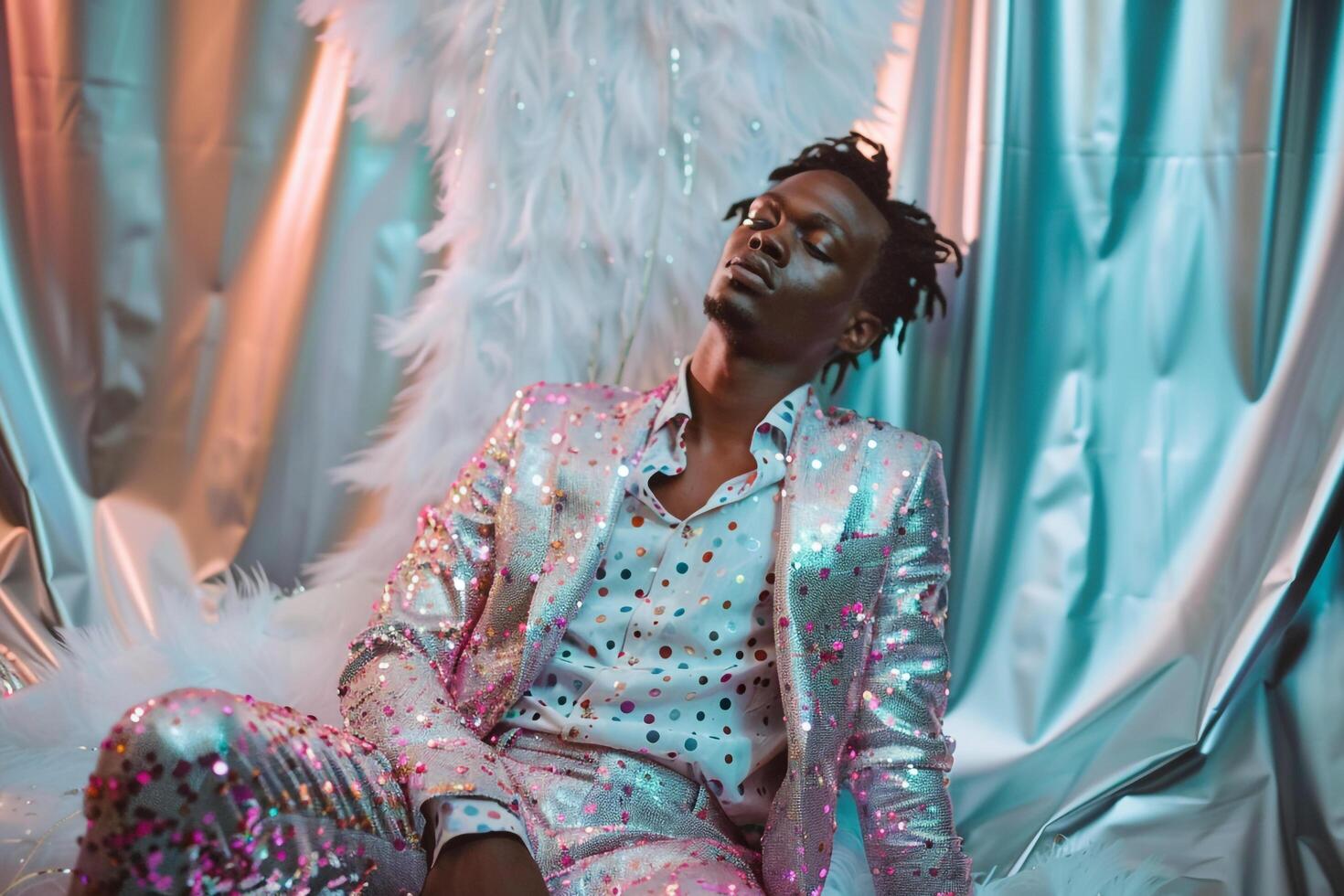 elegant Male Fashion Model in a Dapper Suit with Silver Sequin Accents Showcasing Modern Maleswear Style and Upscale Lifestyle photo