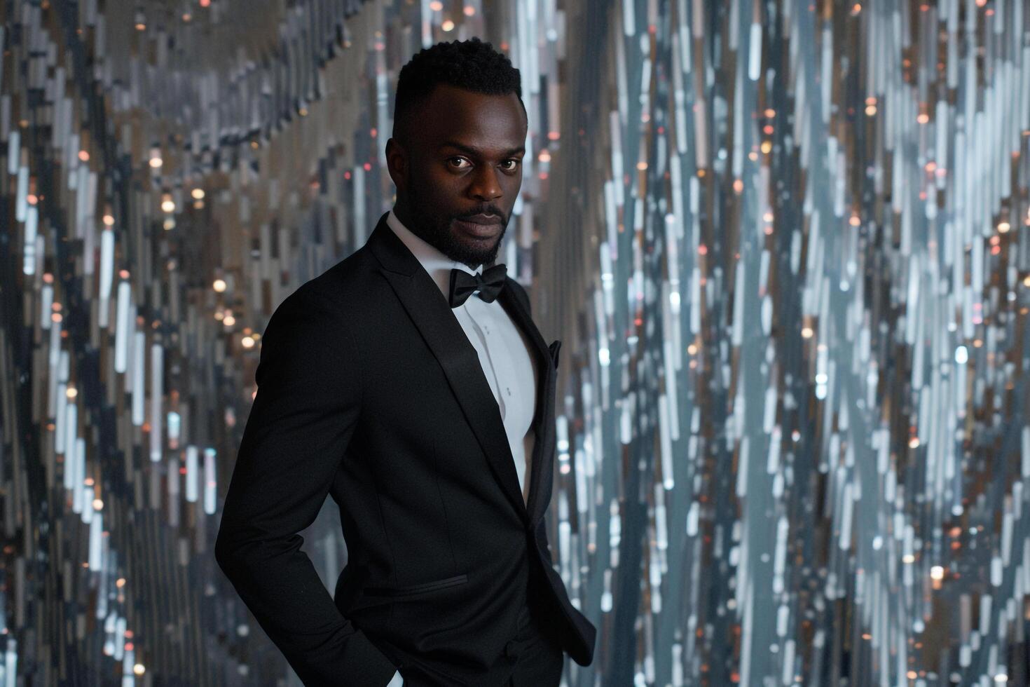elegant Male Model in a Dapper Suit with Silver Sequins Highlighting Modern Lifestyle and High Class Maleswear Fashion photo