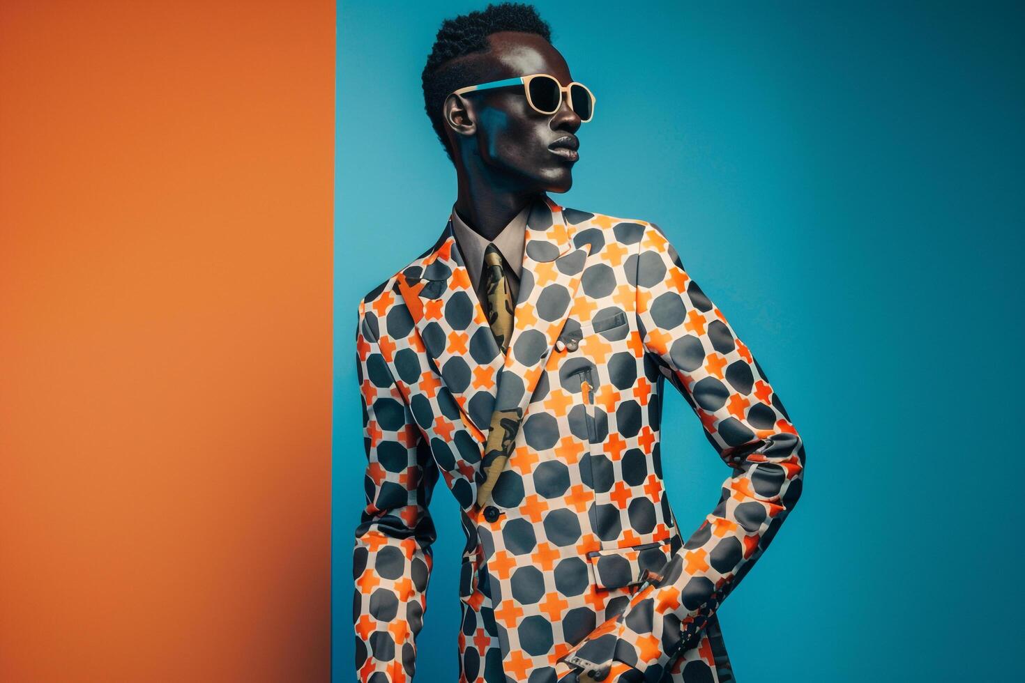 Trendsetting Fashion Model in a Suit with Geometric patterns and Slate Blue Background emphasizing Chic Maleswear portraits photo