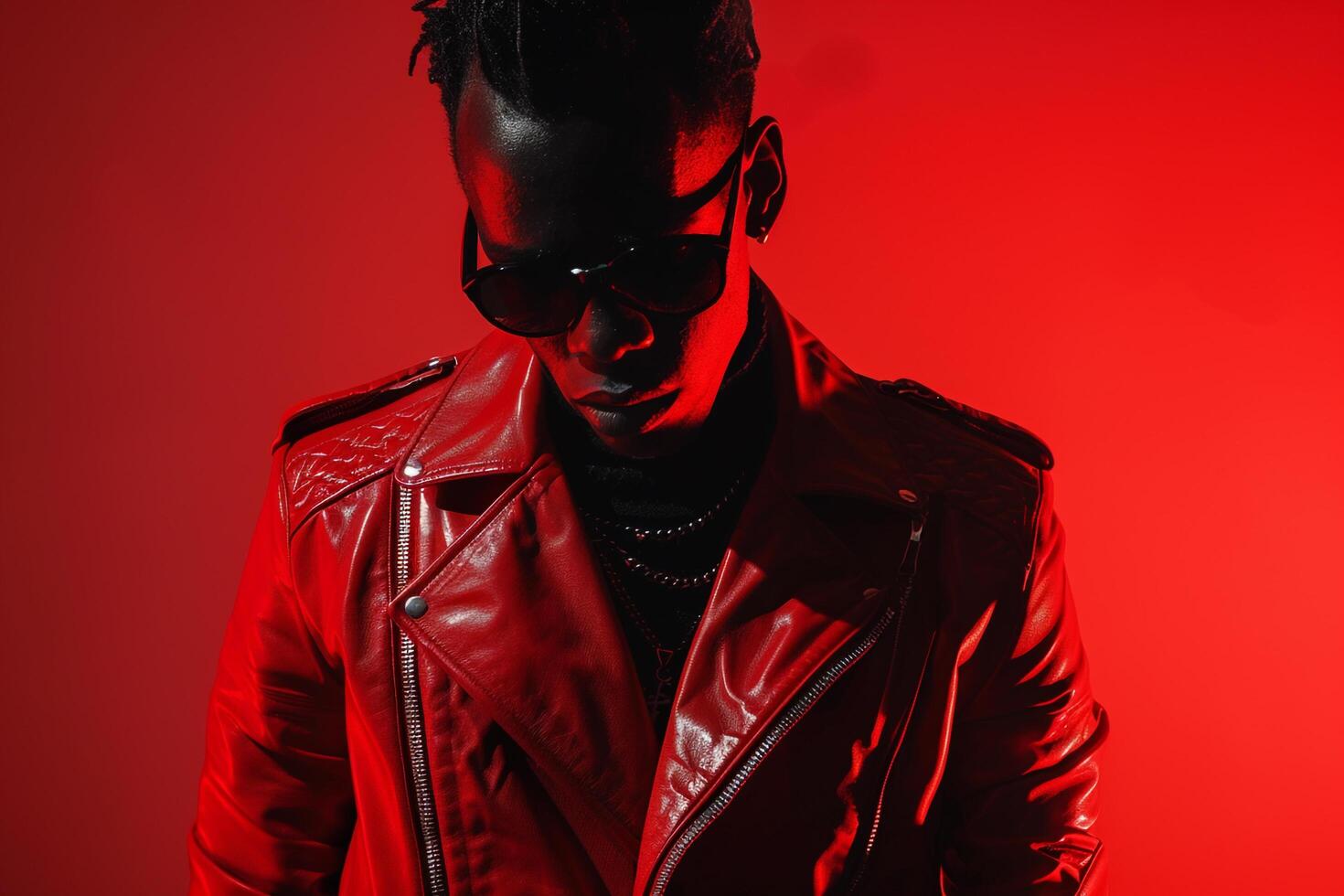 Stylish Fashion Model in Red leather Jacket male dress with Jet Black Background costume Fashion portrait andLifestyle Males photo