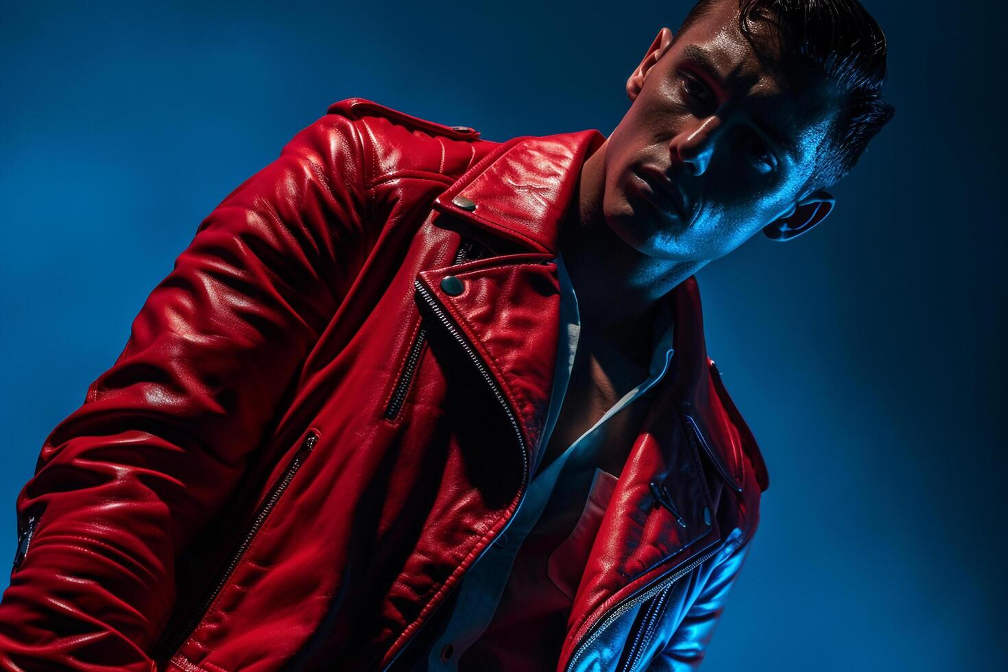 Trendsetting Fashion Model in Red leather Jacket with Jet Black Background Showcasing Chic Maleswear portraits photo