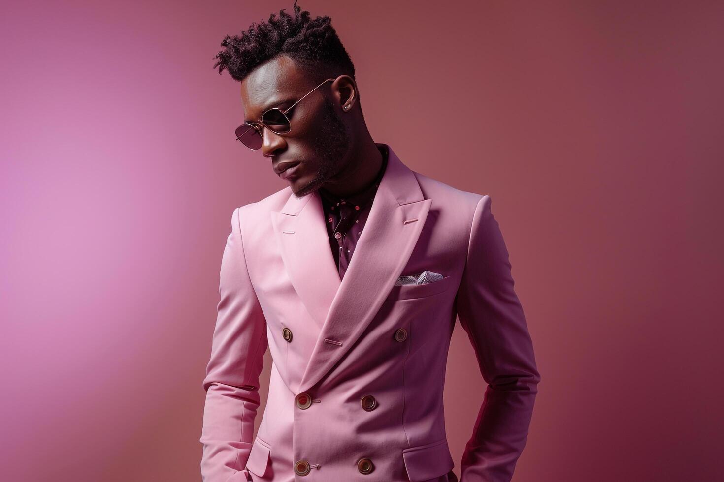 Trendsetting Fashion Model in Chic Double Breasted Suit with Soft Mauve Background Ideal for Stylish Maleswear portraits photo