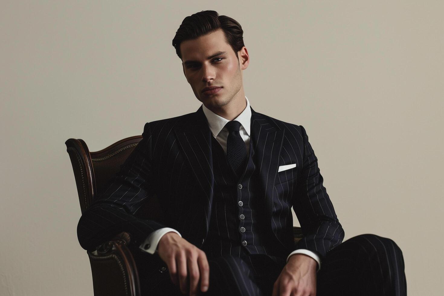Upscale Fashion Model in Tailored Suit with Subtle pinstripes and Cream Background Ideal for Stylish and Modern Maleswear portraits photo