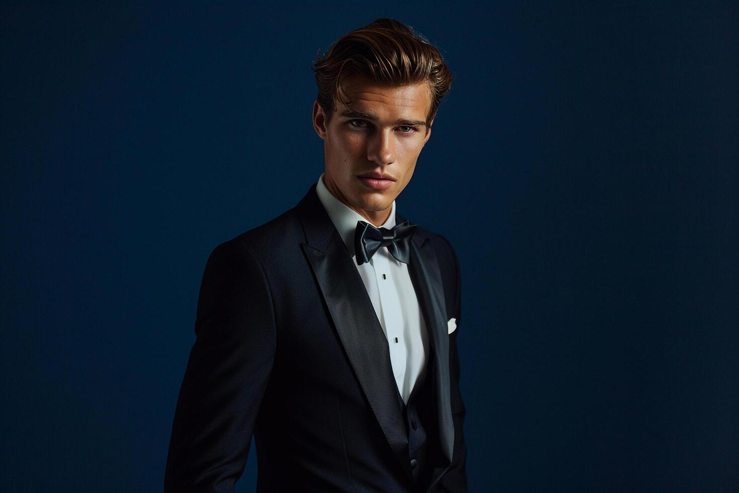 Upscale Fashion Model Featuring Classic Tuxedo with Deep Navy Blue Background Great for Formal and Stylish Maleswear portraits photo