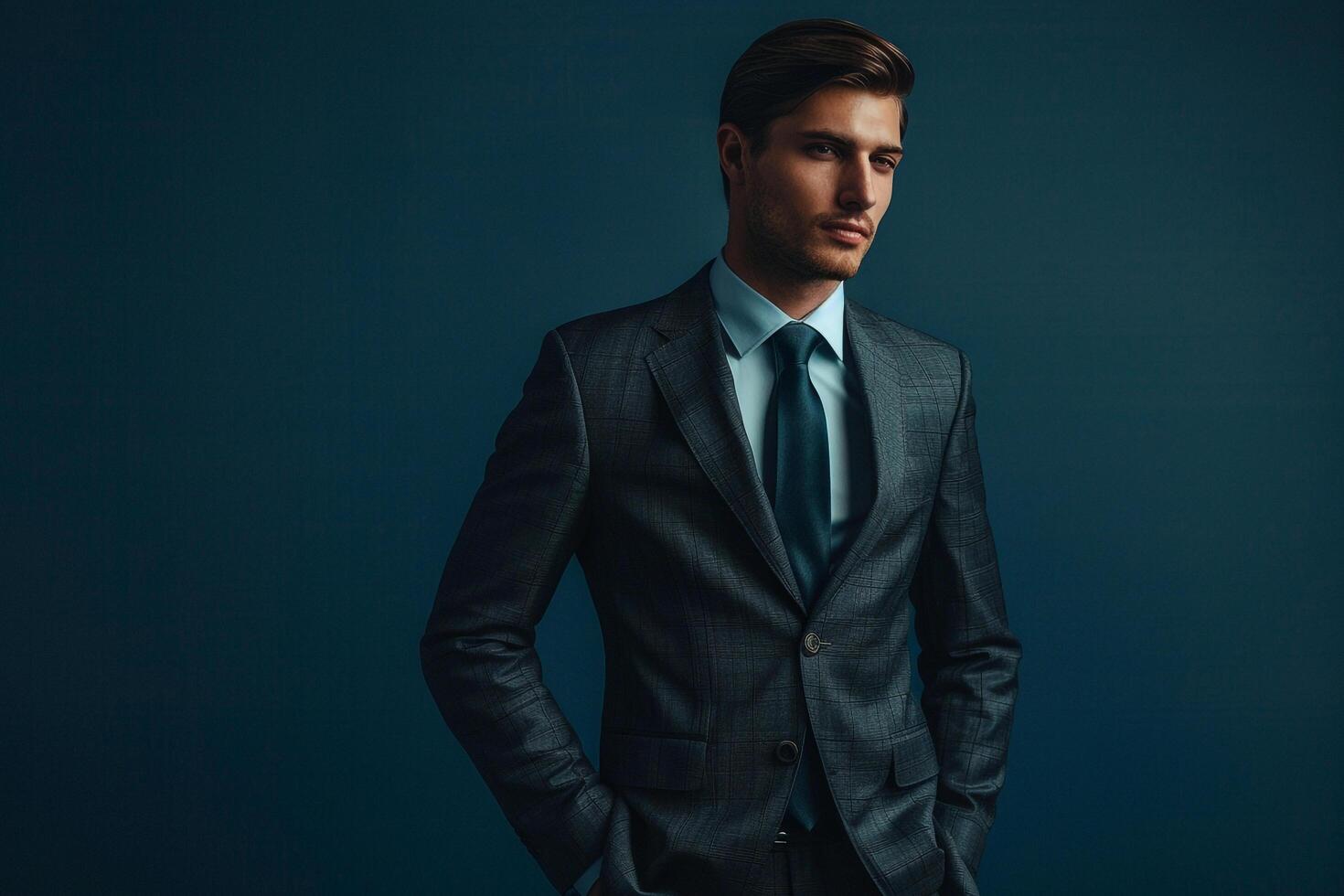 elegant Fashion Model in Tailored Suit with Classic Outfit and Charcoal Grey Background perfect for Modern and Sophisticated Maleswear portraits photo
