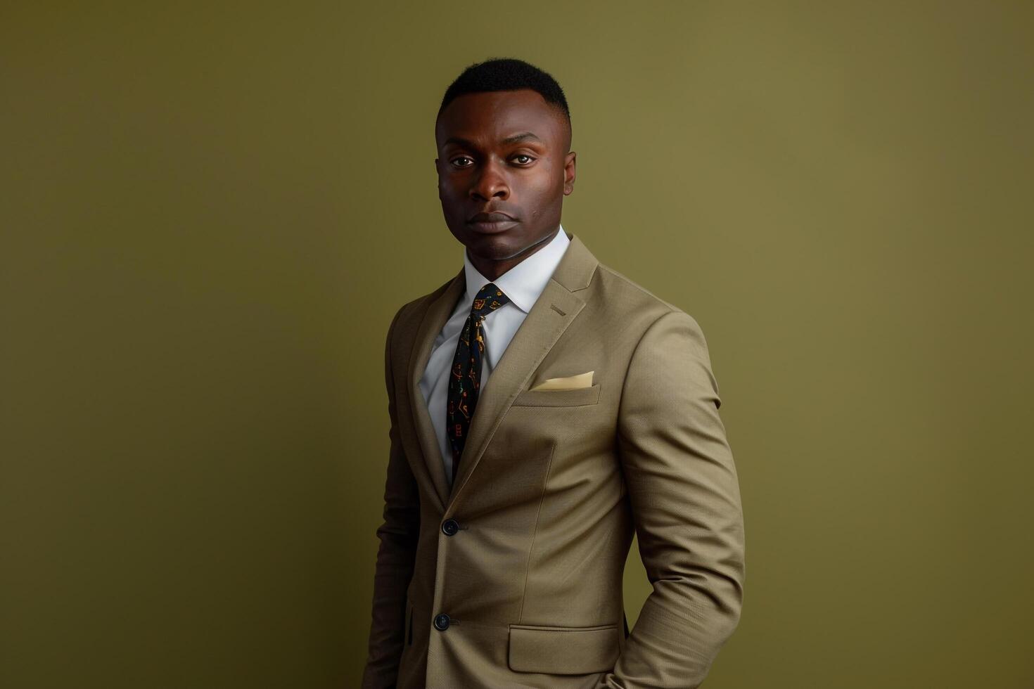 Modern Fashion Model Highlighting Suit with Tie and Olive Green Background perfect for Classic and Fashionable Maleswear portraits photo