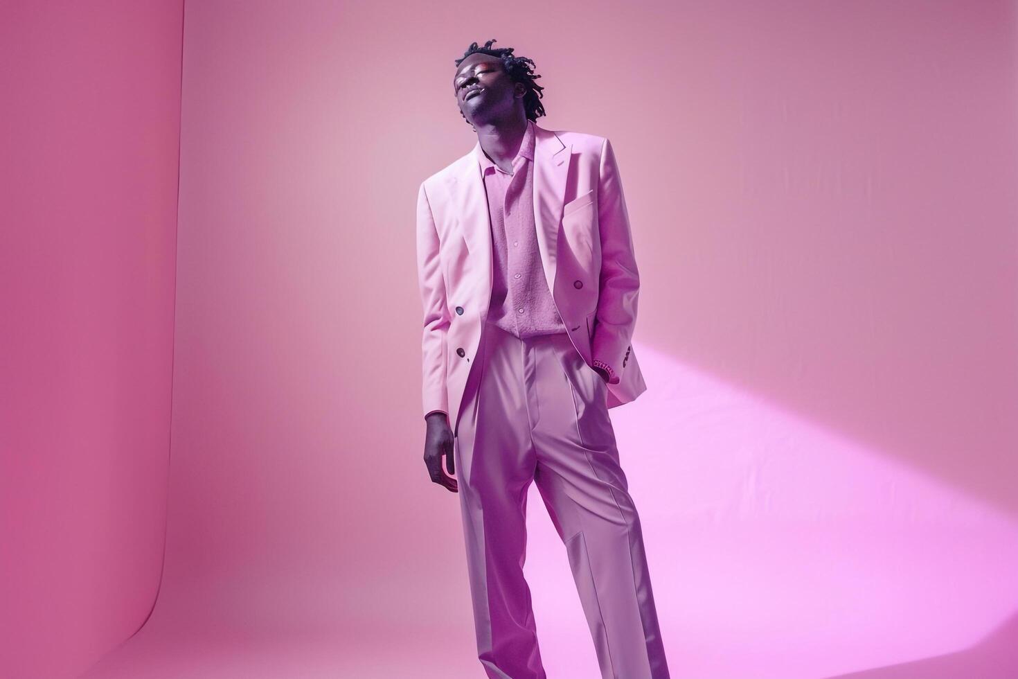 Modern Fashion Model Highlighting Suit with Oversized Blazer and Light Lilac Background perfect for Trendy and Fashionable Maleswear portraits photo