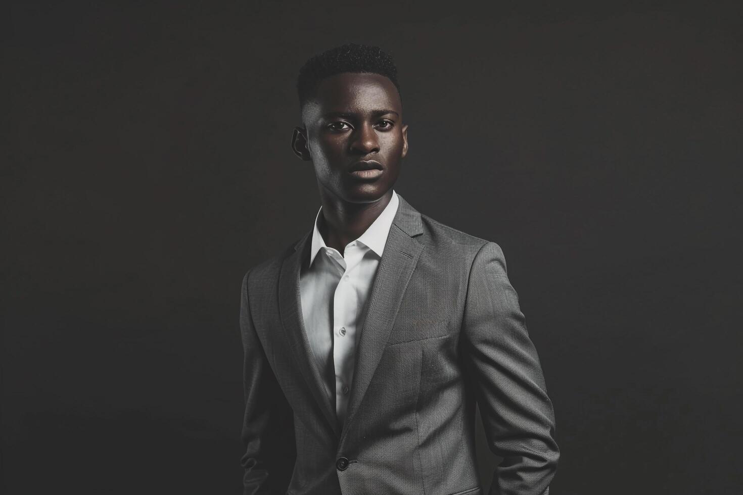 Upscale Fashion Model in Grey Suit with Deep Charcoal Background Ideal for elegant and Modern Maleswear portraits photo