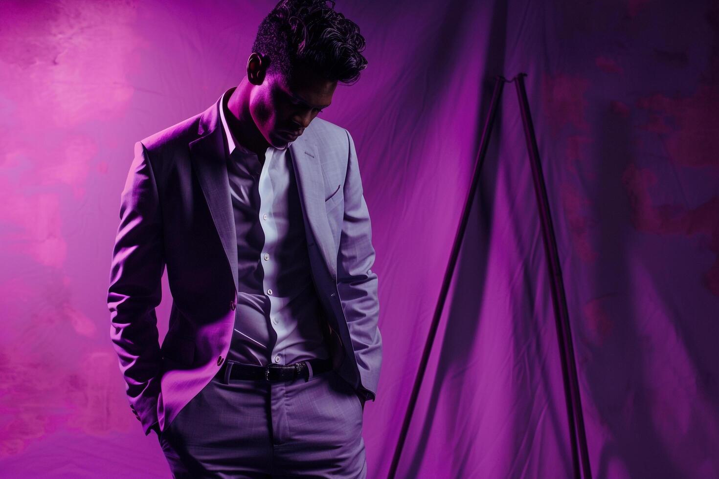 Stylish Male Fashion Model in Tailored Suit with Deep purple Background Showcasing Costume Lifestyle and High Fashion in portrait photo