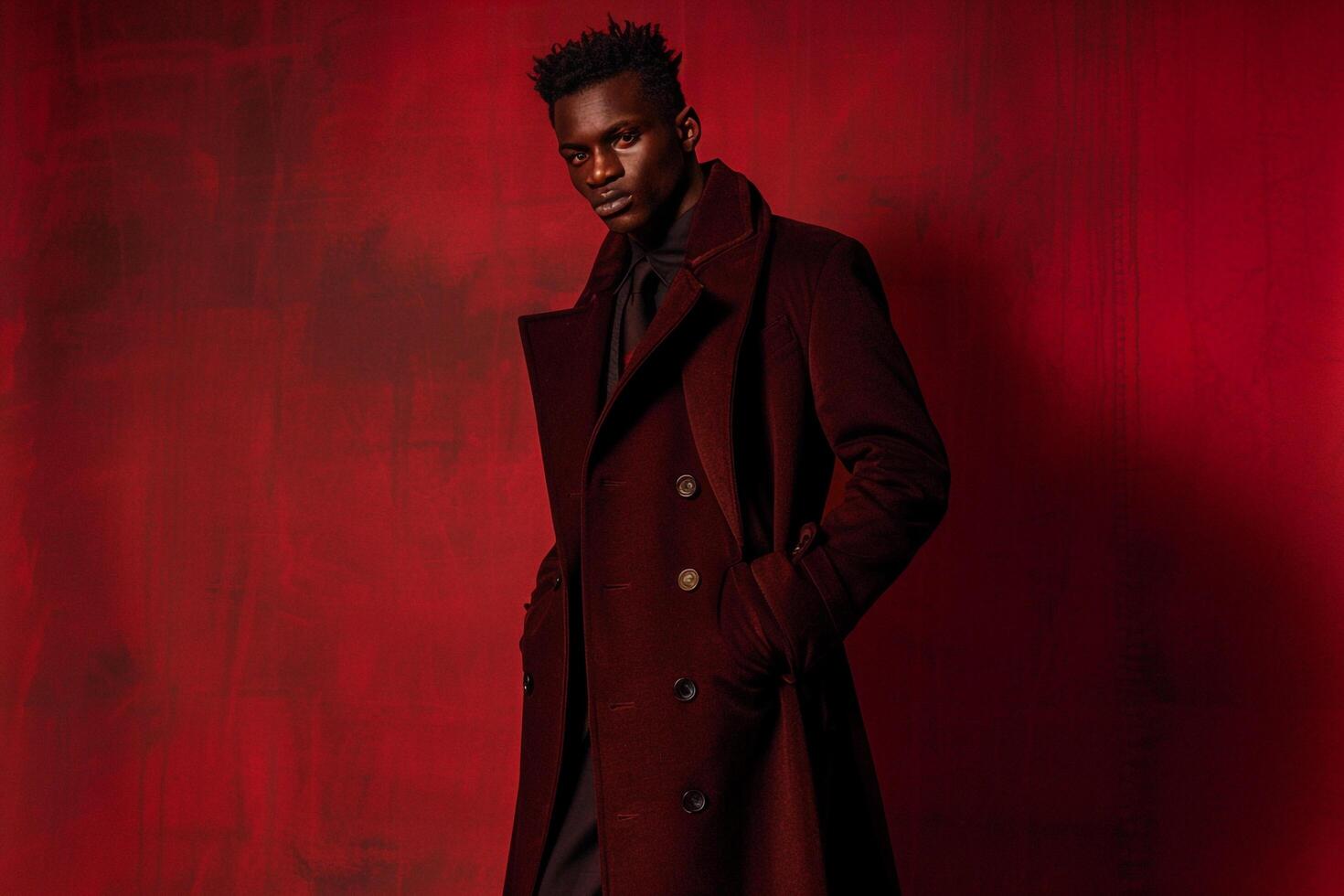 Stylish Male Fashion Model in Long Overcoat with Dark Burgundy Background presenting Costume Fashion and Lifestyle in portrait Shot photo