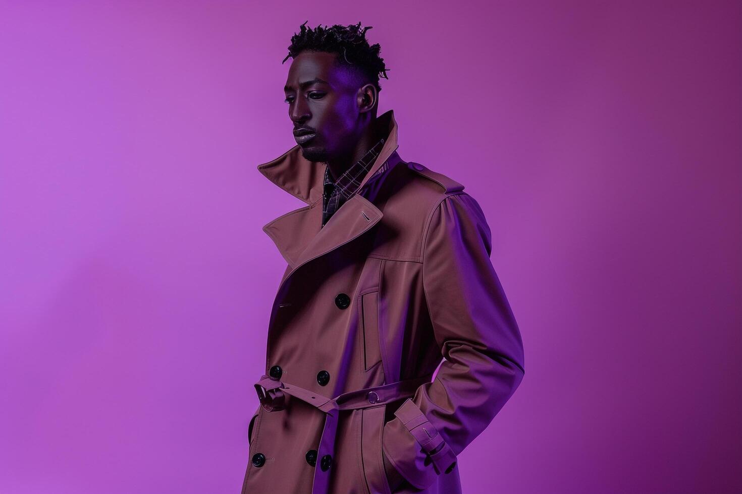 Male Fashion Model in Dramatic Trench Coat with Deep purple Background Showcasing Bold Fashion StateMalet and Costume Lifestyle photo