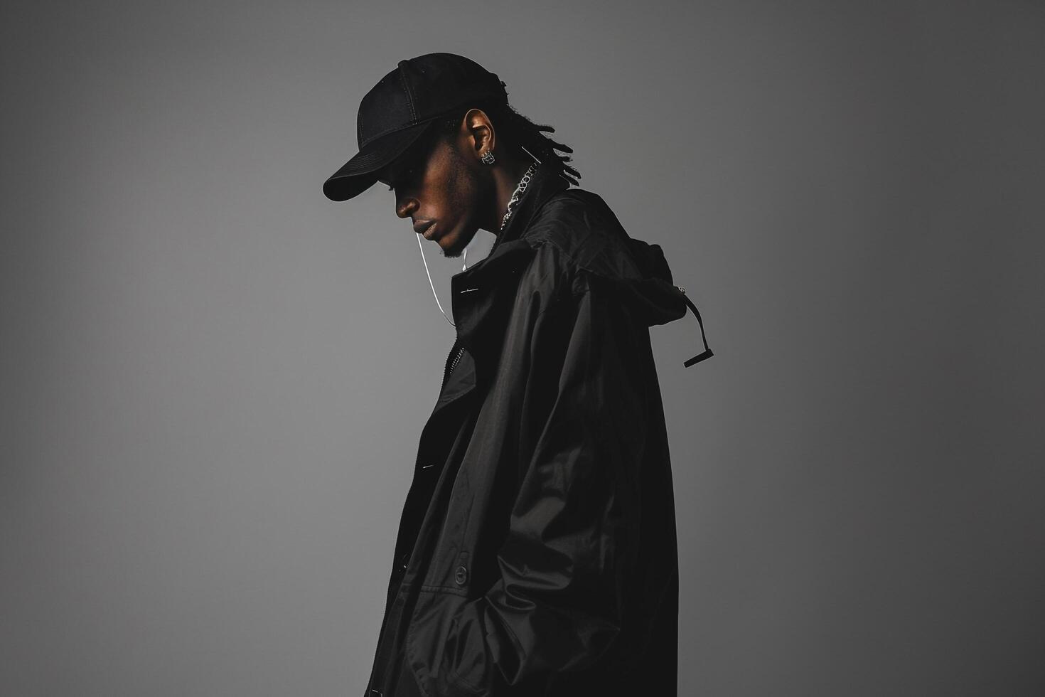 edgy Male Fashion Model in Streetwear with Layered Accessories and Urban Grey Background Highlighting Modern Fashion and Lifestyle photo