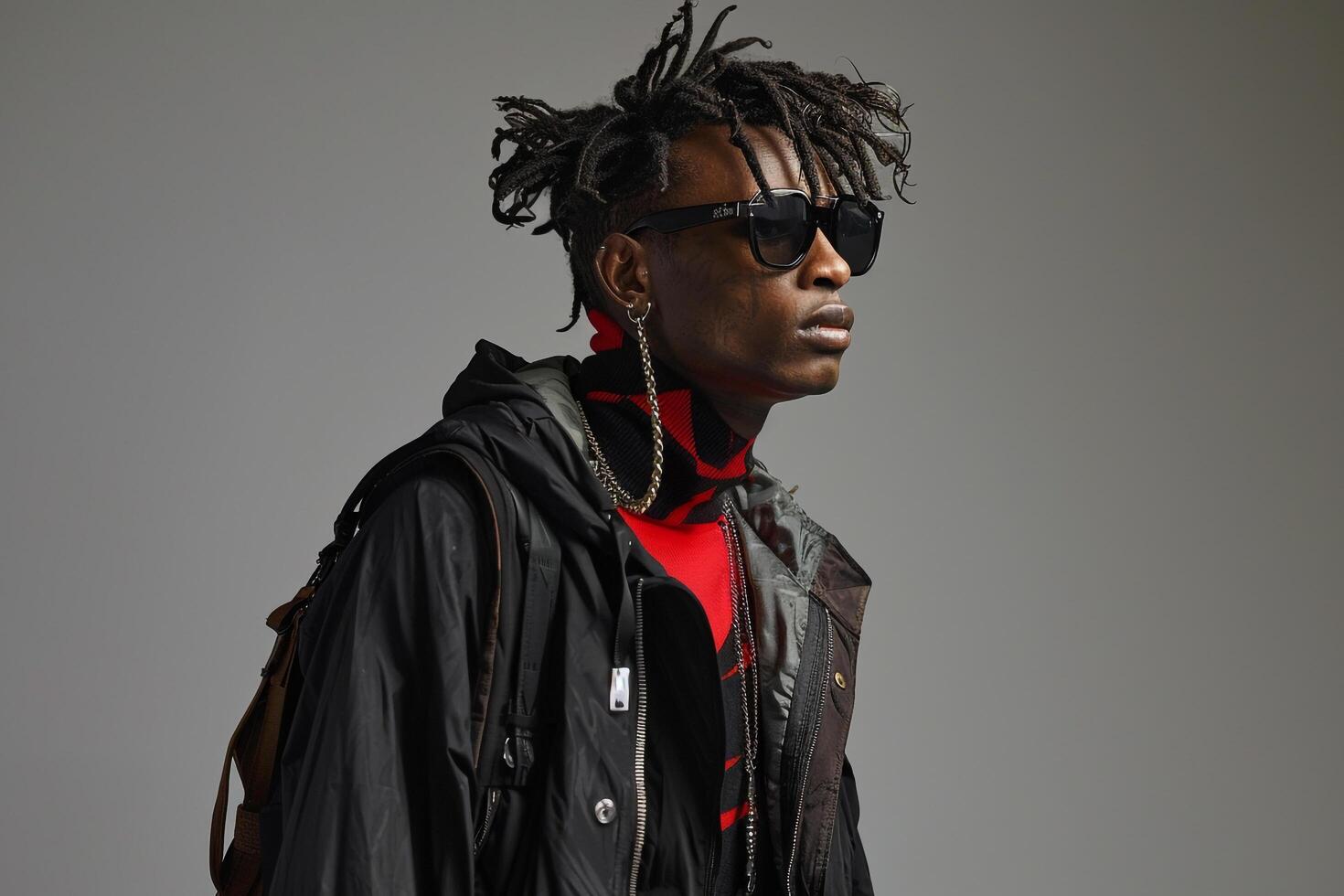 Stylish Male Fashion Model in edgy Streetwear with Layered Accessories and Urban Grey Background Showcasing Modern Lifestyle and Fashion photo