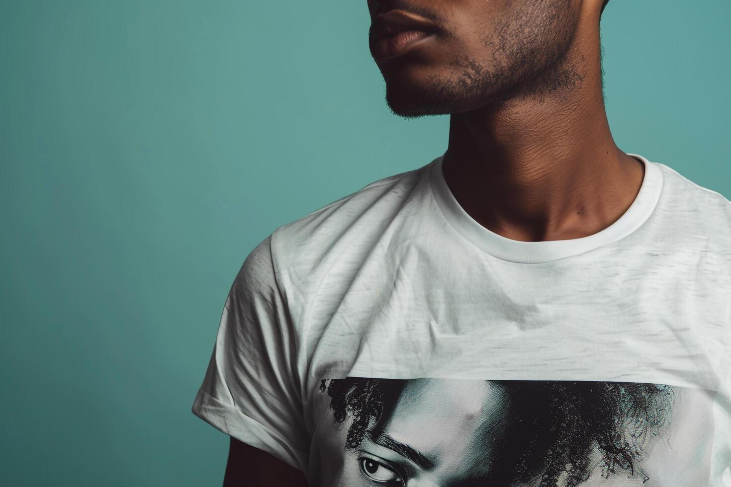 Casual Male Fashion Model in Graphic T Shirt with Mint Green Background emphasizing Fashion and Lifestyle in portrait Form photo