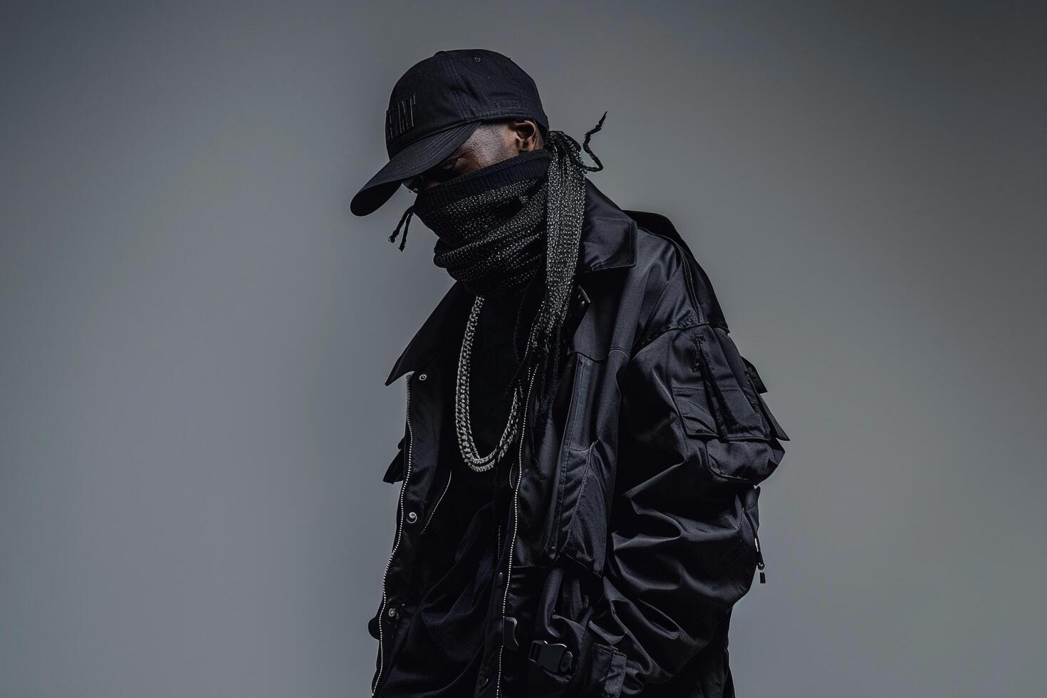 Stylish Male Fashion Model in edgy Streetwear with Layered Accessories and Urban Grey Background Capturing Fashion and Lifestyle in portrait photo