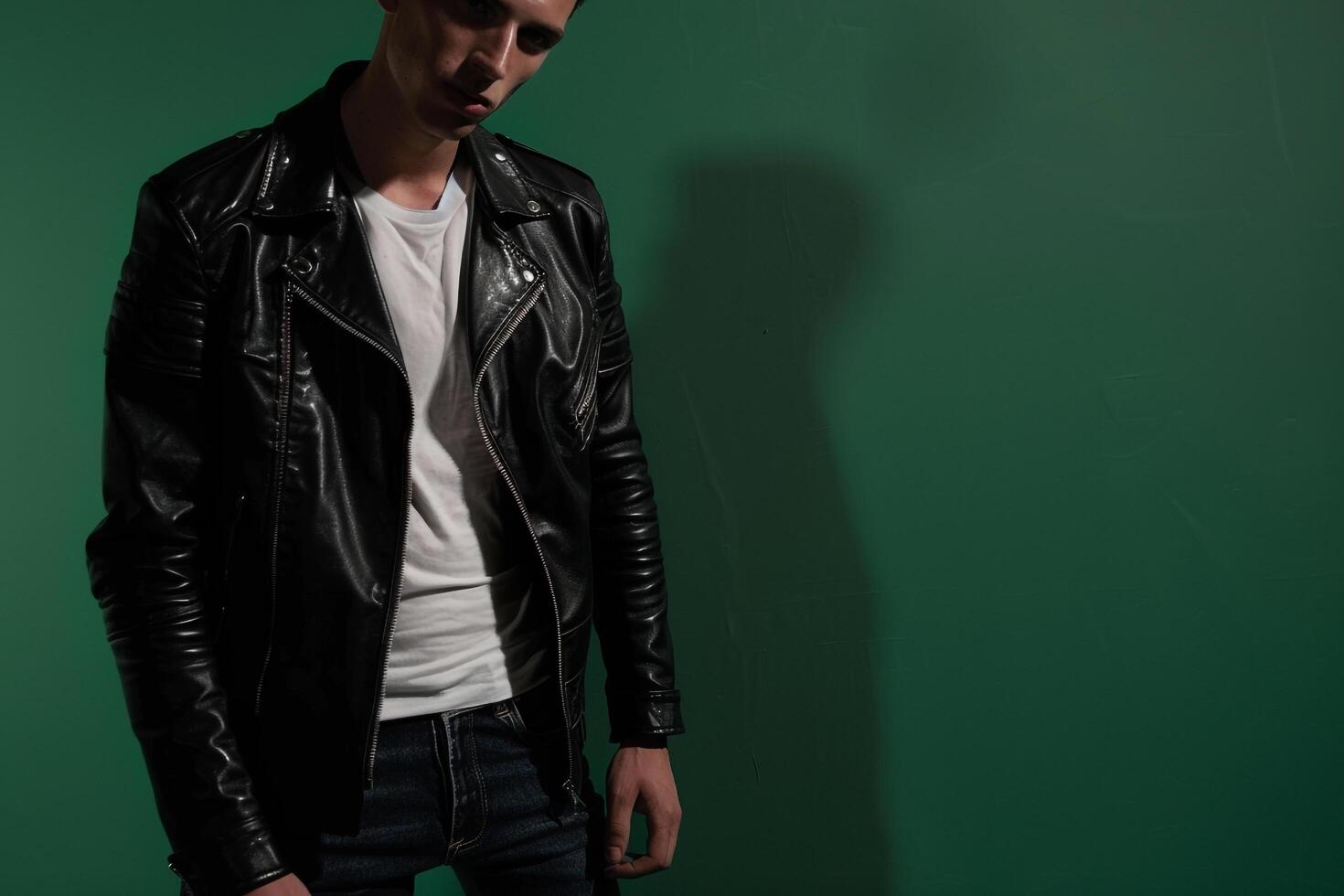 Fashionable Model in leather Jacket and Jeans with Dark Green Background Lifestyle Males portrait Trendy leather Look Classic Fashion portrait photo