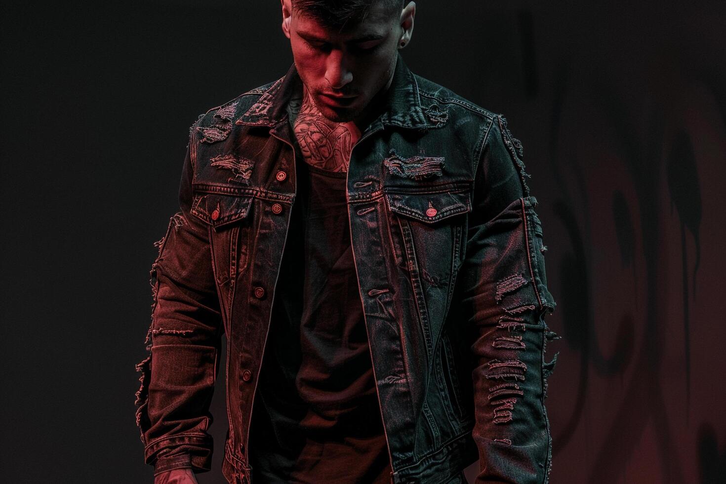 Stylish Fashion Model in Distressed Denim Jacket with Black Background Urban Males portrait Fashionable Denim Look Trendy Lifestyle portrait photo