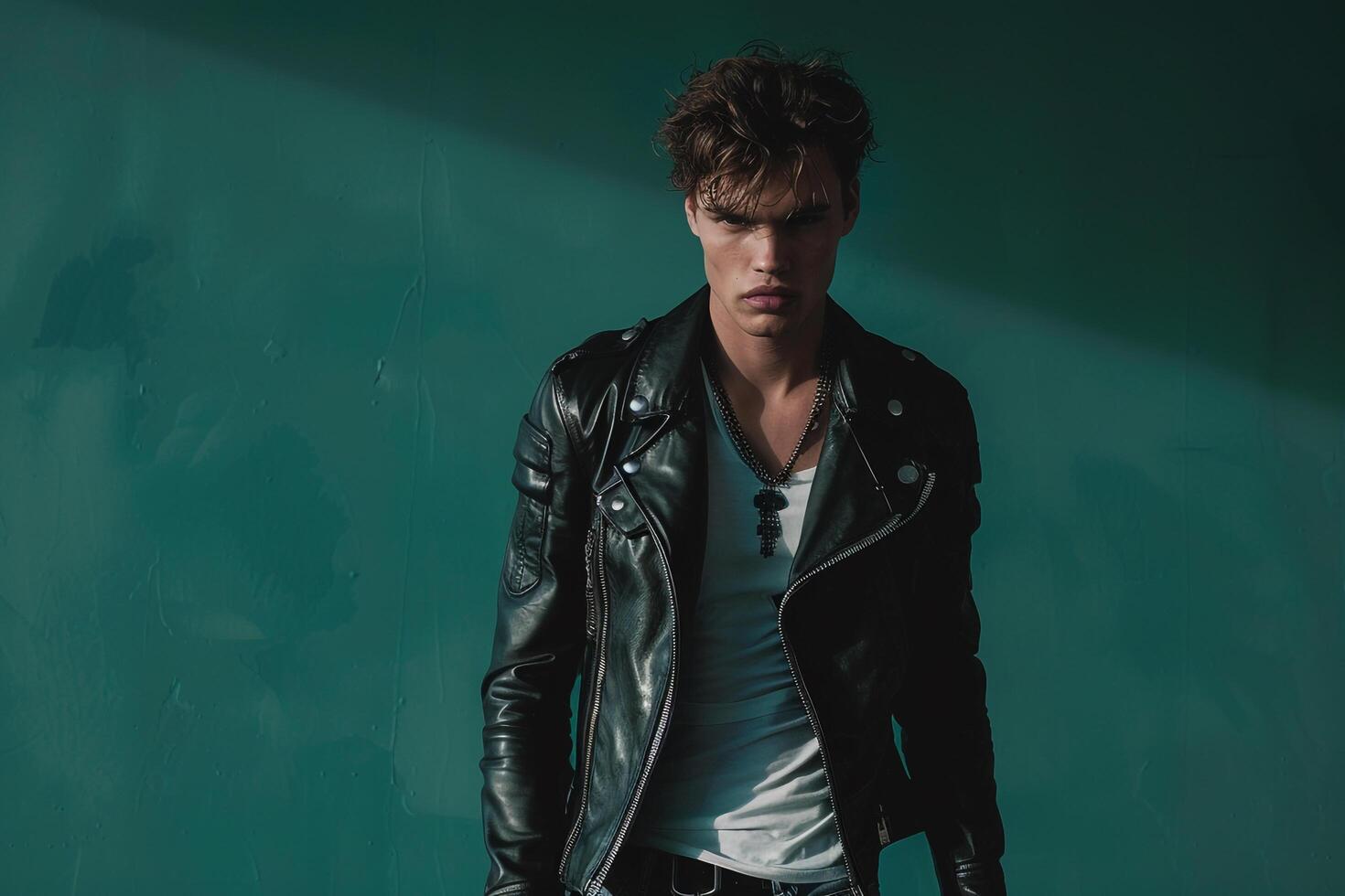 Stylish Fashion Model in leather Jacket and Jeans with Dark Green Background Modern Males portrait Trendy Fashionable Look Classic Lifestyle portrait photo