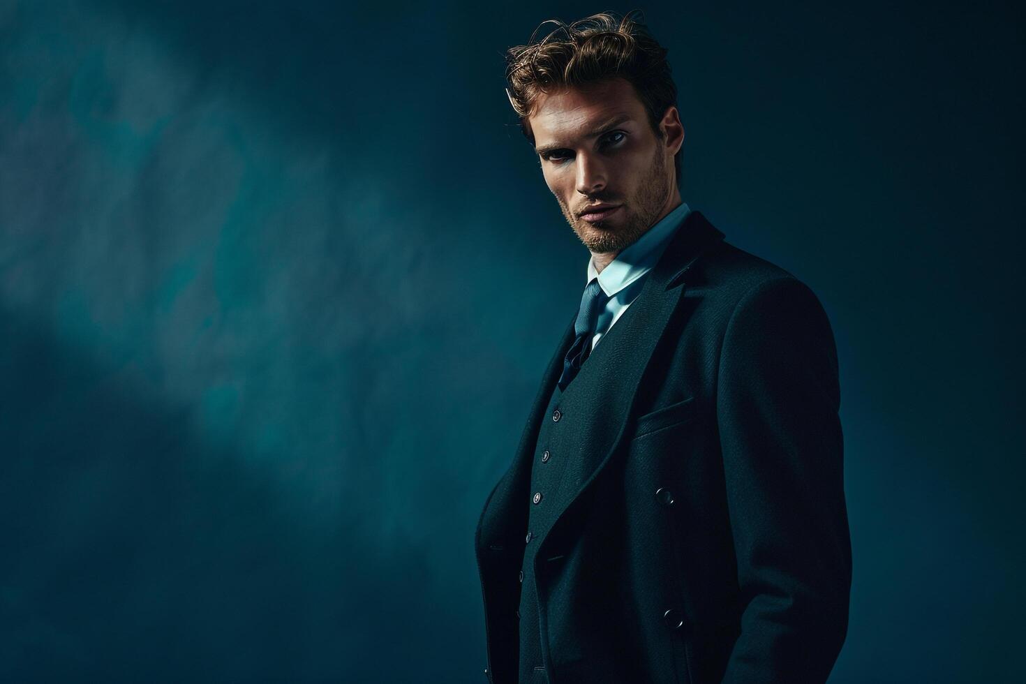 Fashionable Model in Suit with Waistcoat Deep Teal Background Stylish Males portrait Classic Suit Style Modern Fashion Lifestyle Look photo