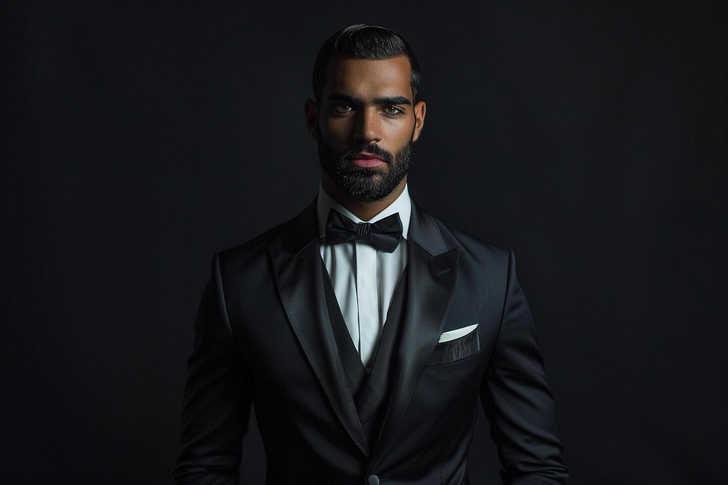 Handsome Fashion Model in Dinner Suit with Black Satin Background elegant Males portrait Classic Suit Look Modern Fashion Lifestyle portrait photo