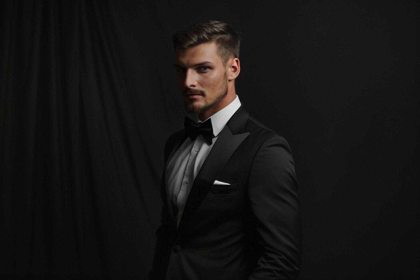 Handsome Fashion Model in Dinner Suit with Black Satin Background elegant Males portrait Classic Suit Look Modern Fashion Lifestyle portrait photo