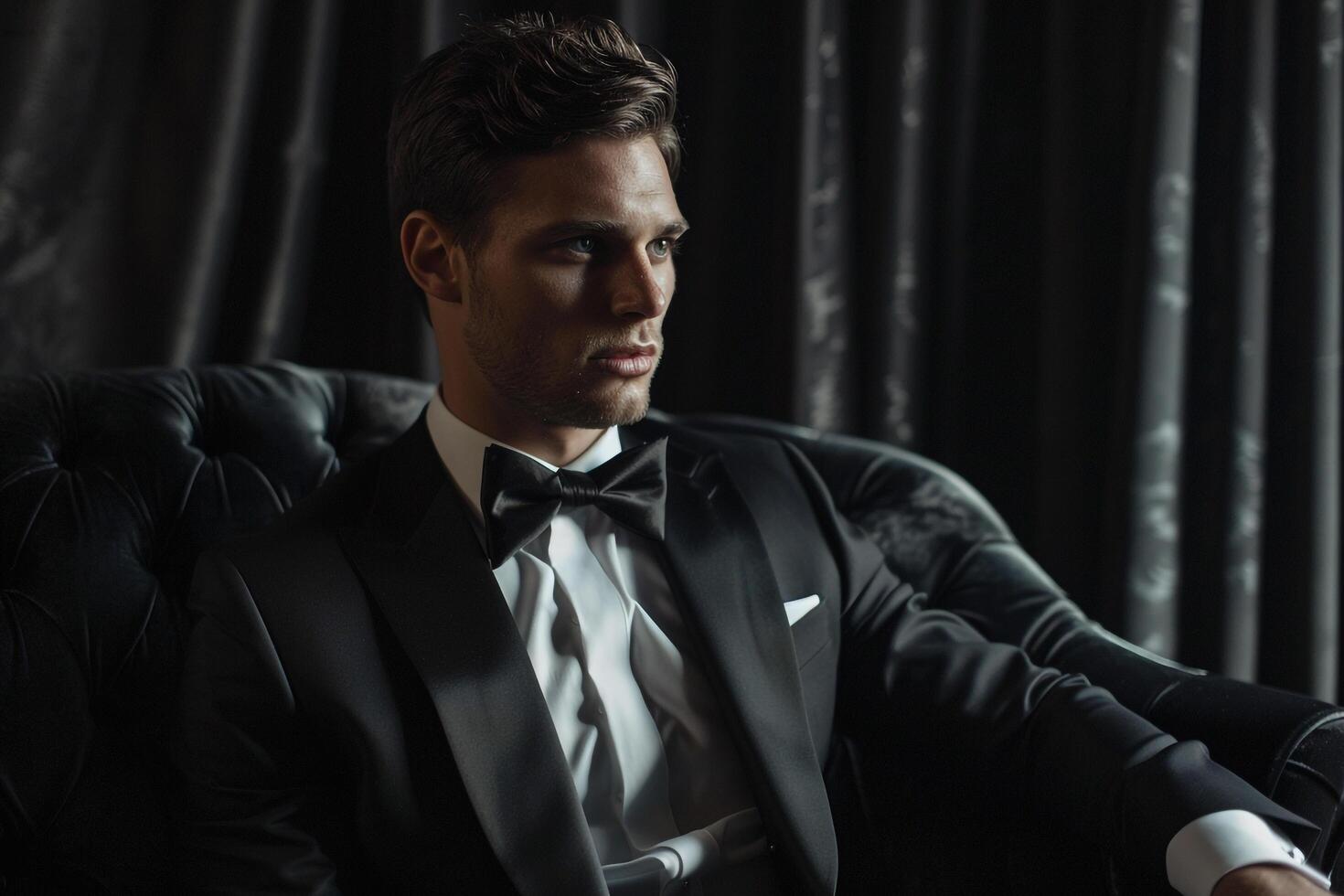 Fashion Model in Dinner Suit with Black Satin Background elegant Males portrait Classic Suit Look Modern Fashion Lifestyle portrait photo