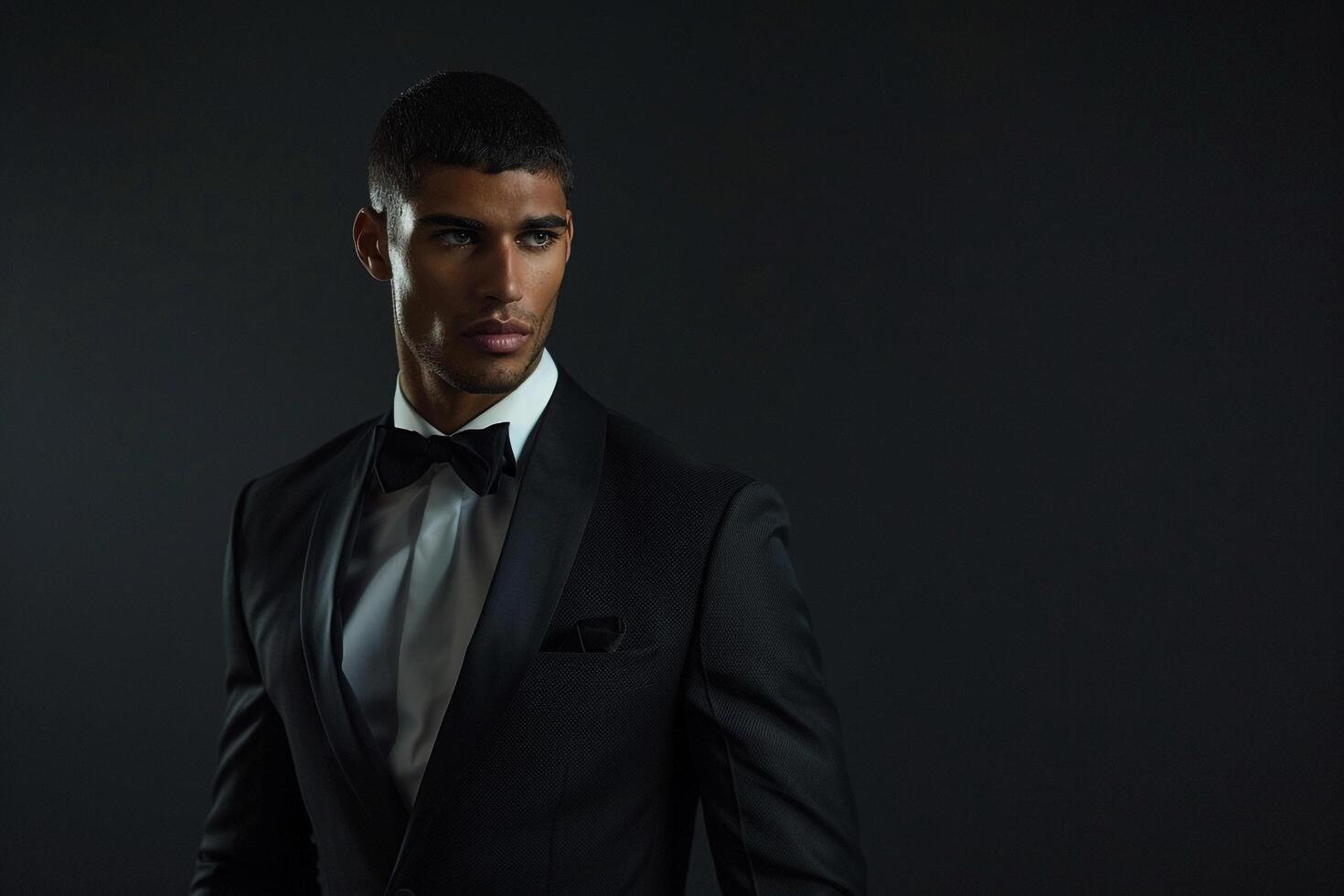 Handsome Fashion Model in Dinner Suit with Black Satin Background elegant Males portrait Classic Suit Look Modern Fashion Lifestyle portrait photo