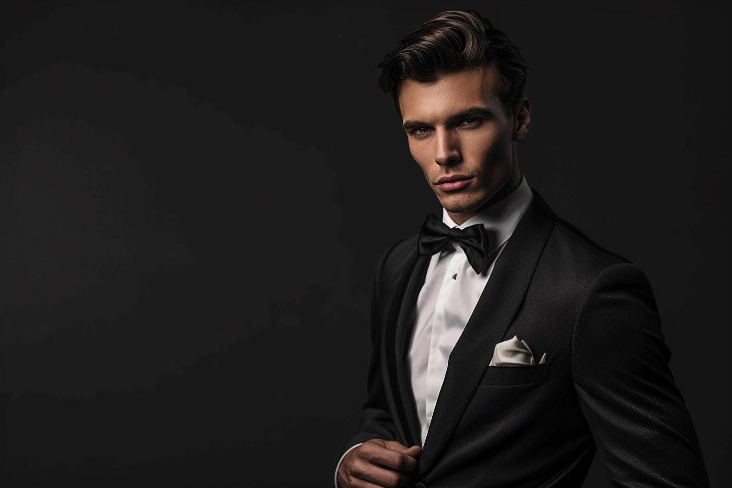 Fashion Model in Dinner Suit with Black Satin Background elegant Males portrait Classic Suit Look Modern Fashion Lifestyle portrait photo