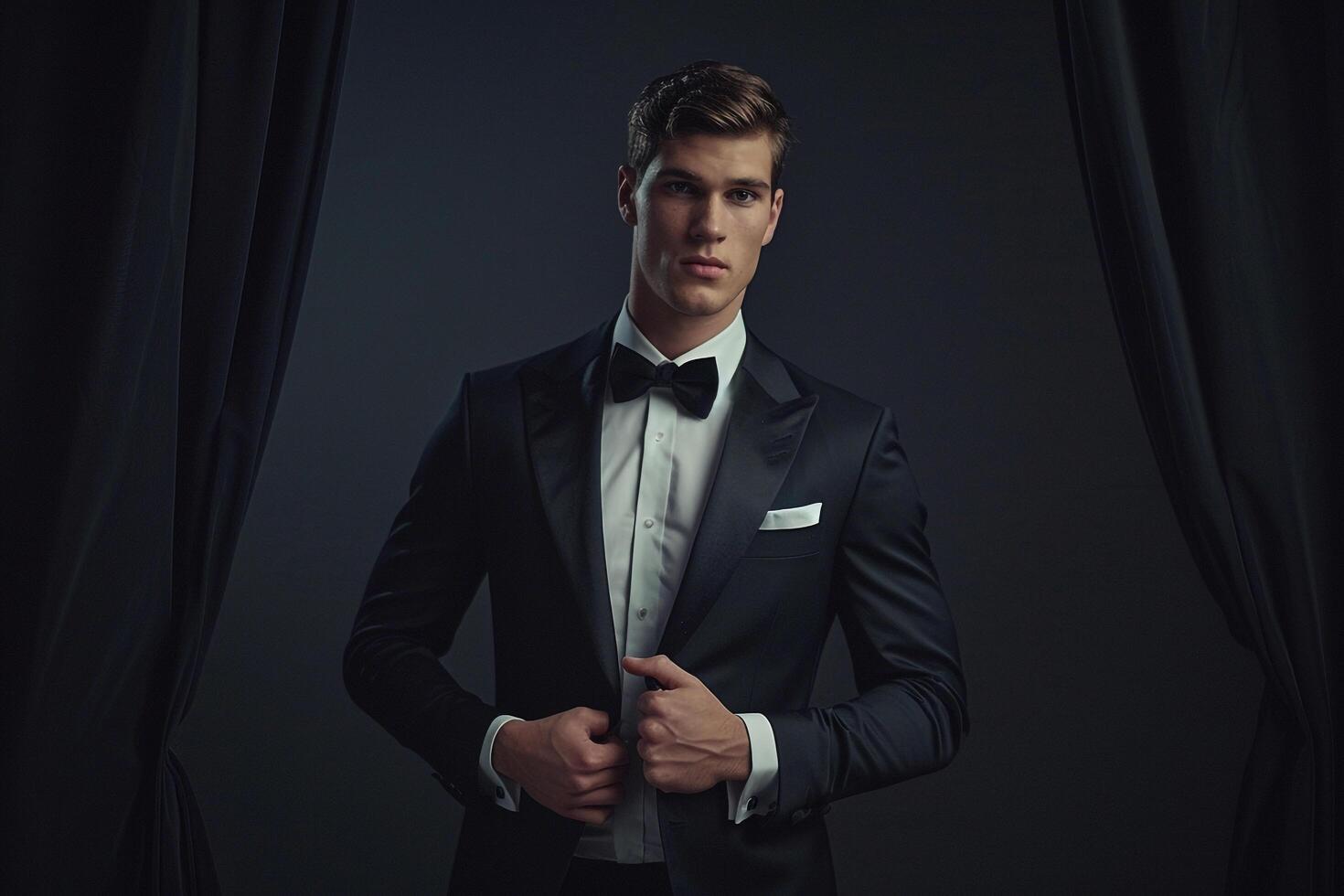 Fashion Model in Dinner Suit with Black Satin Background elegant Males portrait Classic Suit Look Modern Fashion Lifestyle portrait photo