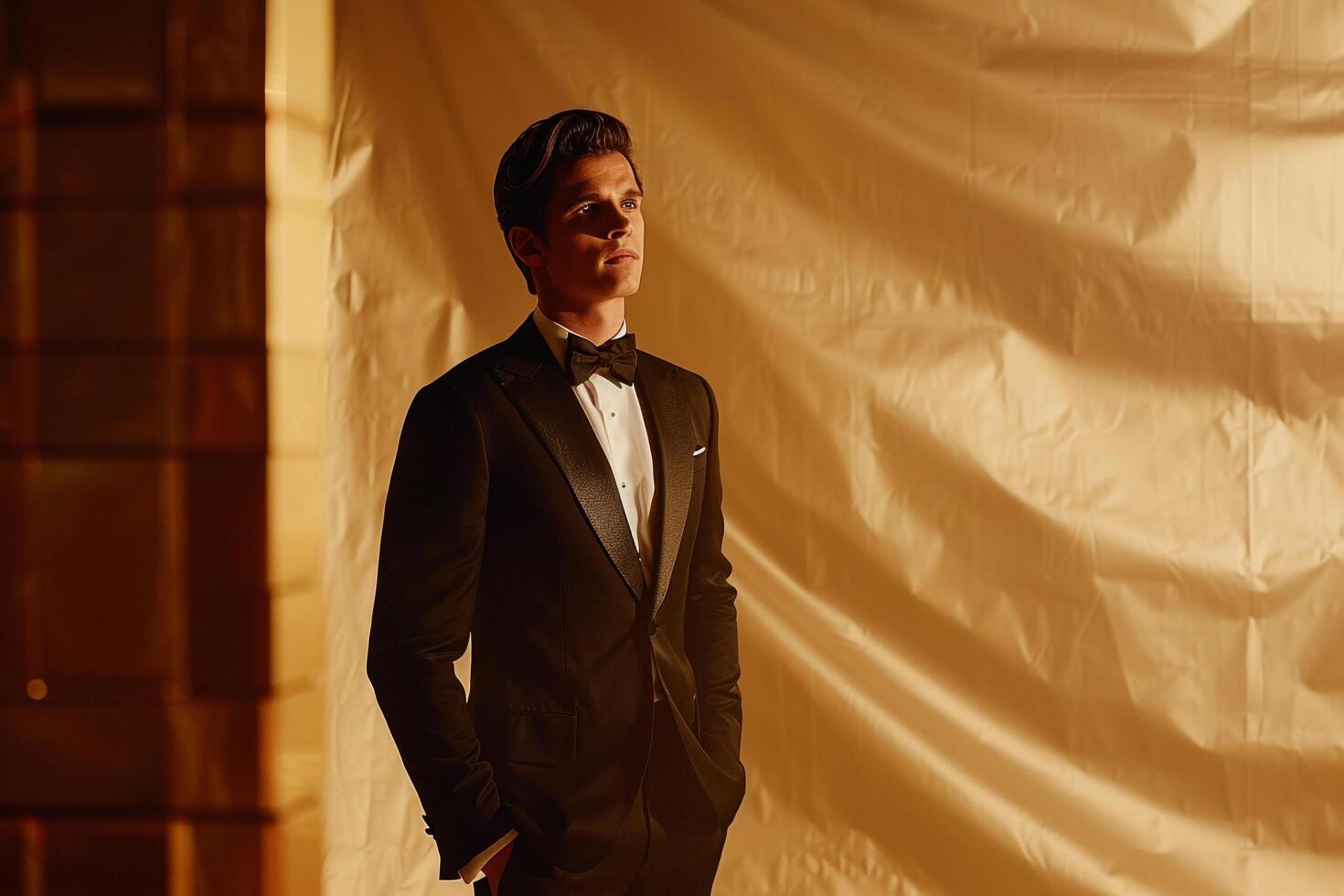 Handsome Fashion Model in Tailored evening Suit with Soft Gold Background elegant Males portrait Classic Suit Look Modern Fashion Lifestyle portrait photo