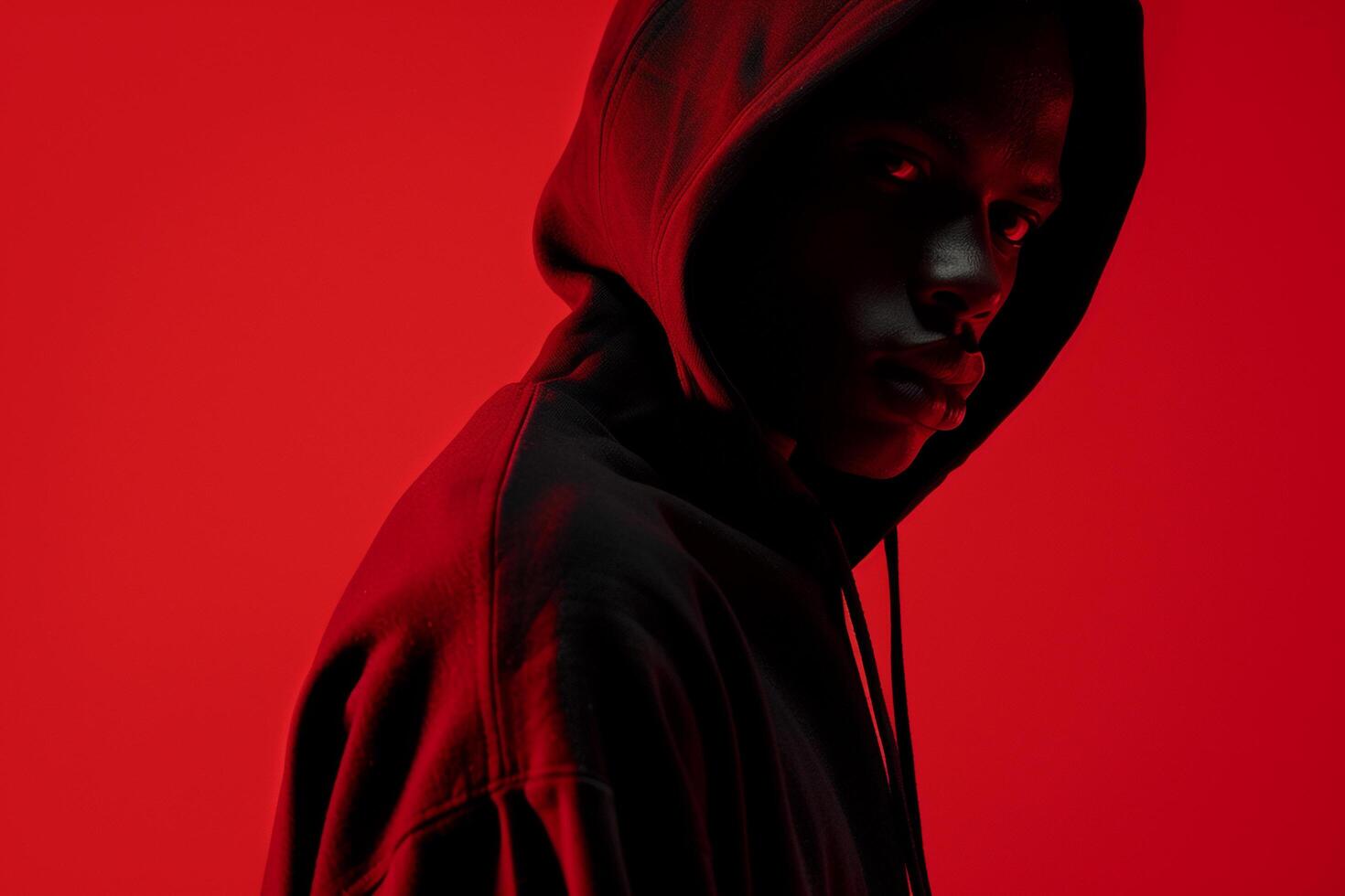 Fashion Model in Deep Ruby Red Hoodie Trendy Males portrait Modern Fashion Lifestyle Stylish Casual Outfit with Ruby Red Background photo