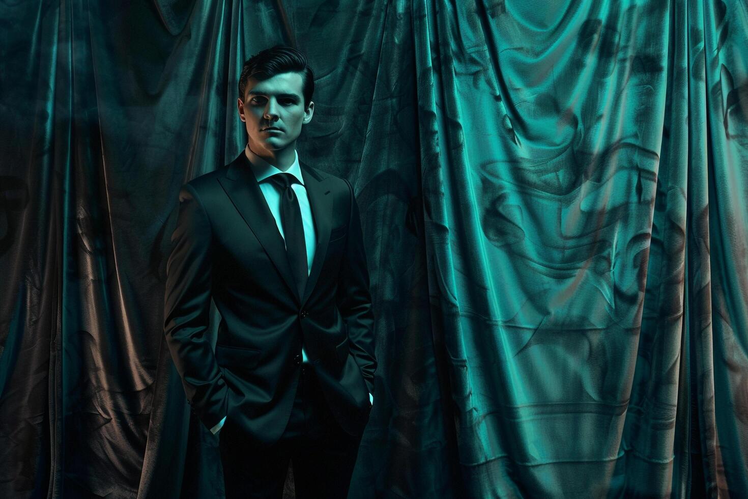 Fashion Model in Luxurious Velvet Tailored Suit Trendy Males portrait elegant Fashion Lifestyle Stylish Suit with Velvet Background photo