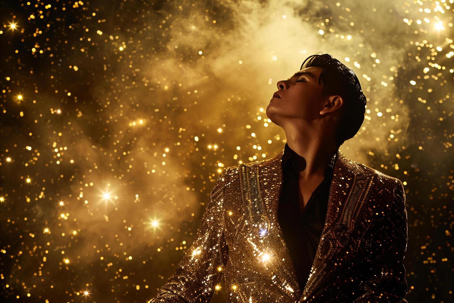 Handsome Fashion Model in Sequined Blazer Gold male dress costume portrait Fashion with a Rich Gold Lifestyle Atmosphere photo