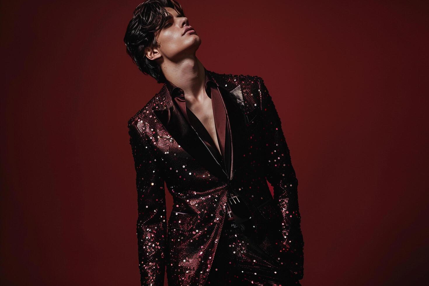 Handsome Fashion Model in Glamorous Sequined Suit in Deep Burgundy male dress Trendy portrait Fashion with a Rich Deep Burgundy Lifestyle photo