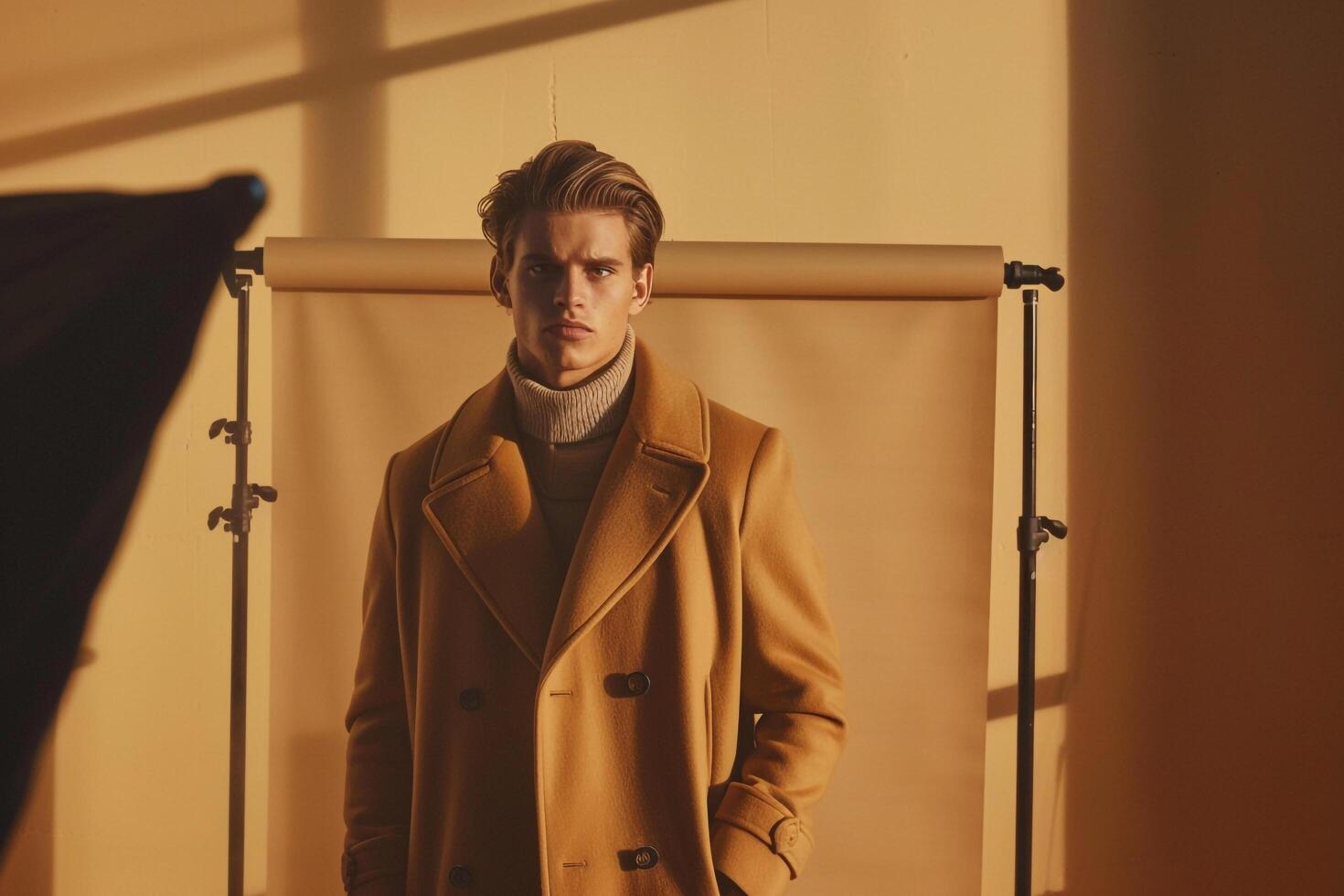 Stylish Male Model in Luxe Cashmere Overcoat Chic Fashion portrait with Champagne Lifestyle and Luxe Champagne Background photo
