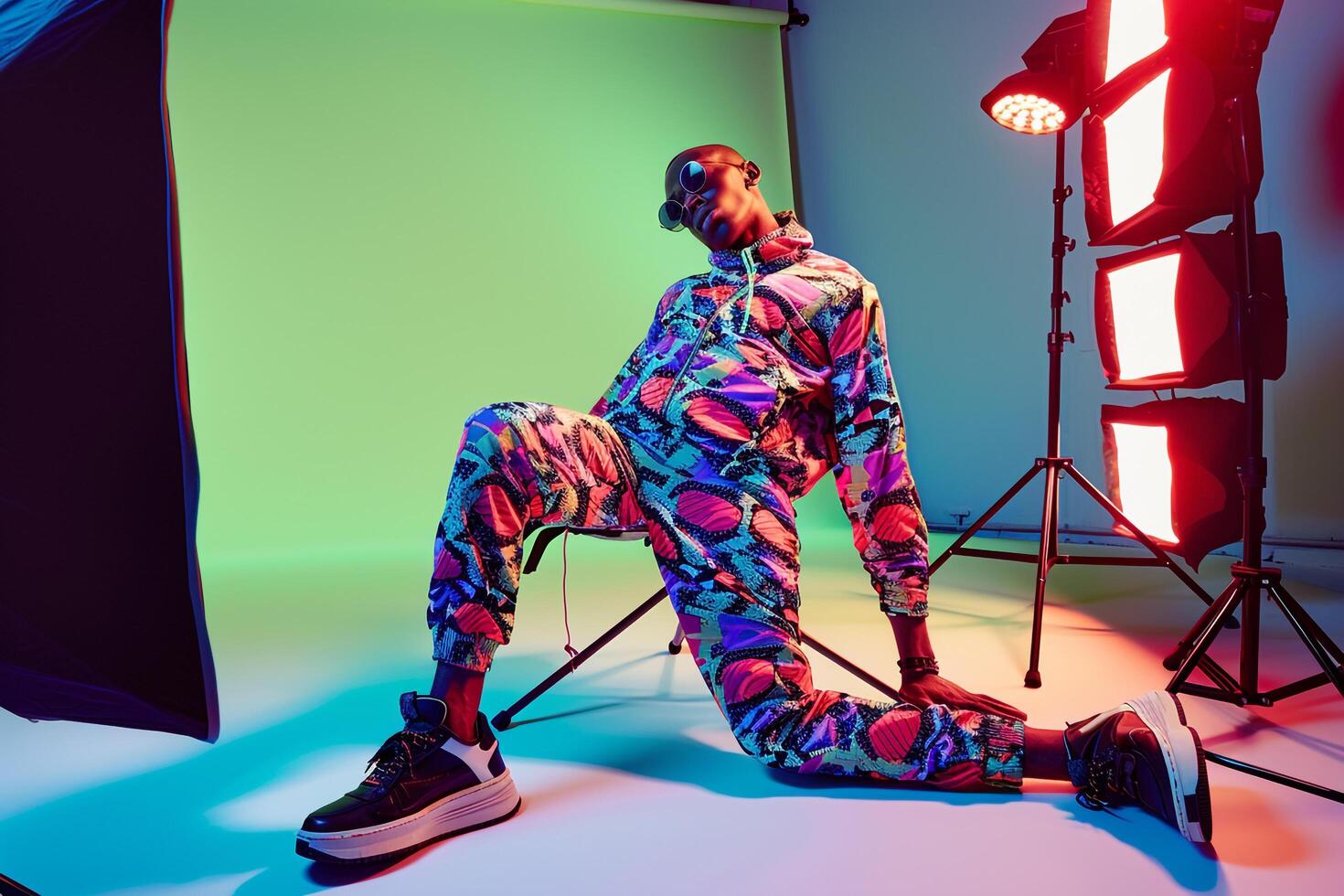 Trendy Handsome Fashion Model in Neon Green printed Tracksuit Males Lifestyle portrait with energetic Background photo