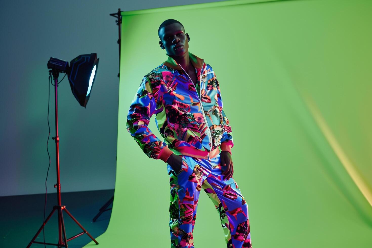 Stylish Handsome Fashion Model in Neon Green printed Tracksuit Males Lifestyle portrait with Dynamic and Trendy Background photo