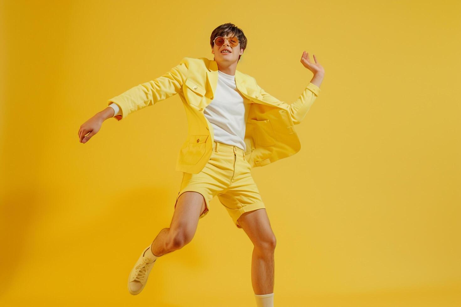 Trendy Handsome Fashion Model in pastel Yellow Casual Blazer and Shorts Males Lifestyle portrait with Contemporary Background photo
