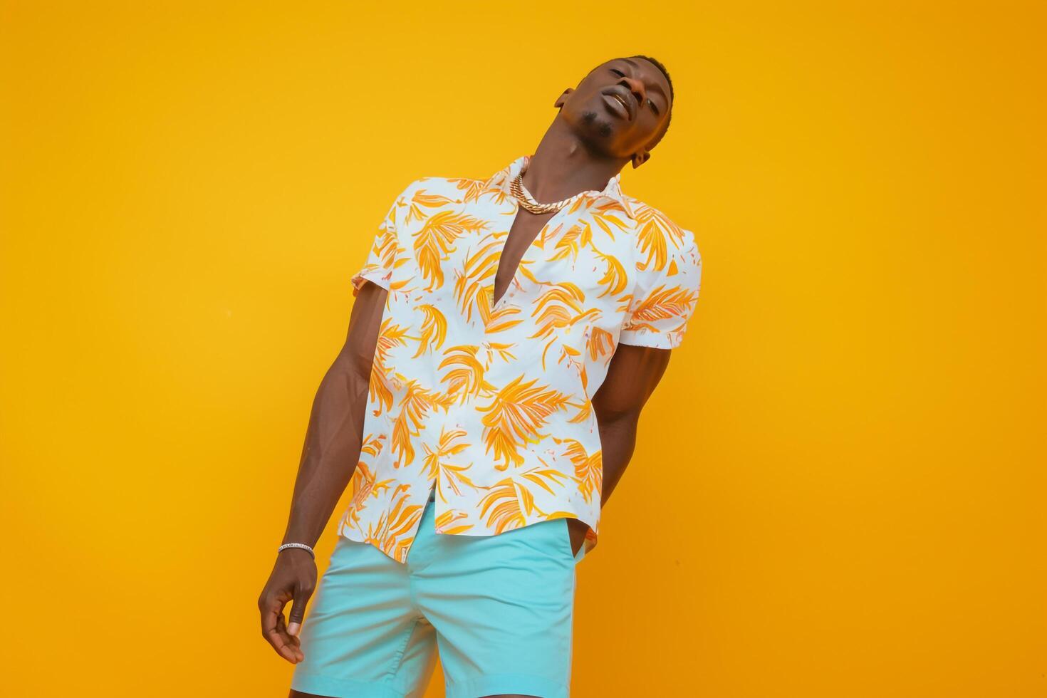 Vibrant Handsome Fashion Model in Bright Yellow patterned Shirt and Shorts Males Lifestyle portrait with Stylish Background photo